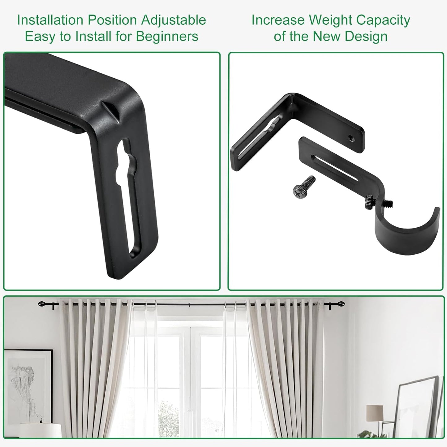Curtain Rod Bracket Adjustable, Drapery Rod Holder Hooks Support Hangers for 1 inch Diameter Window Curtain Rods (Black, 3-Pack)