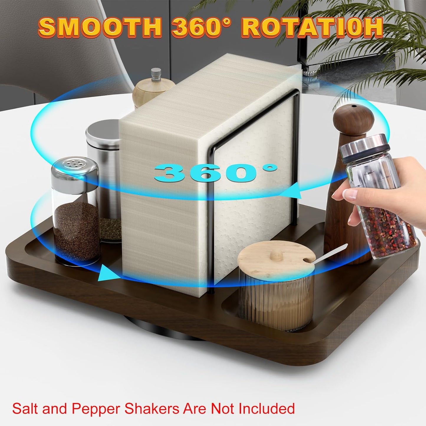 Napkin Holder for Table, Rotating Metal Napkin Dispenser with Salt and Pepper Shakers Caddy Standing Paper Towel Holder for Bathroom Kitchen Dining Table Decor Not Including Shakers