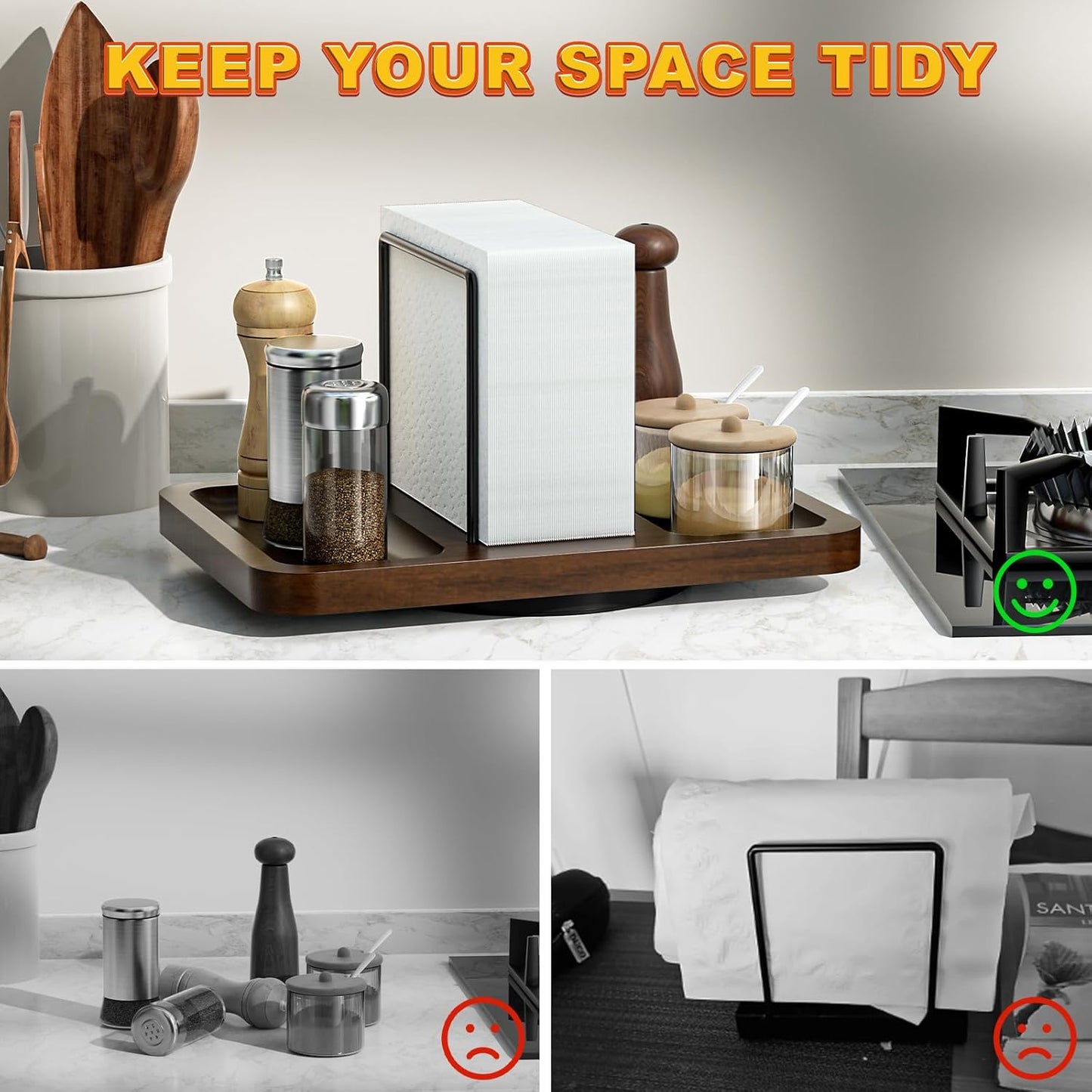 Napkin Holder for Table, Rotating Metal Napkin Dispenser with Salt and Pepper Shakers Caddy Standing Paper Towel Holder for Bathroom Kitchen Dining Table Decor Not Including Shakers