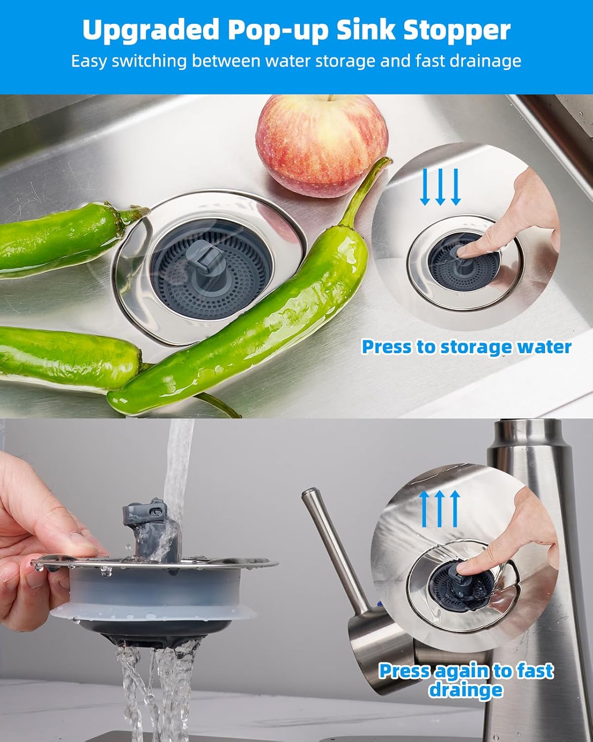 3 in 1 Kitchen Sink Drain Strainer and Stopper Combo, Chrome Stainless Steel Wraped Shell, Anti-Clogging Basket Strainer with Foldable Handle for US Standard 3-1/2" Drain