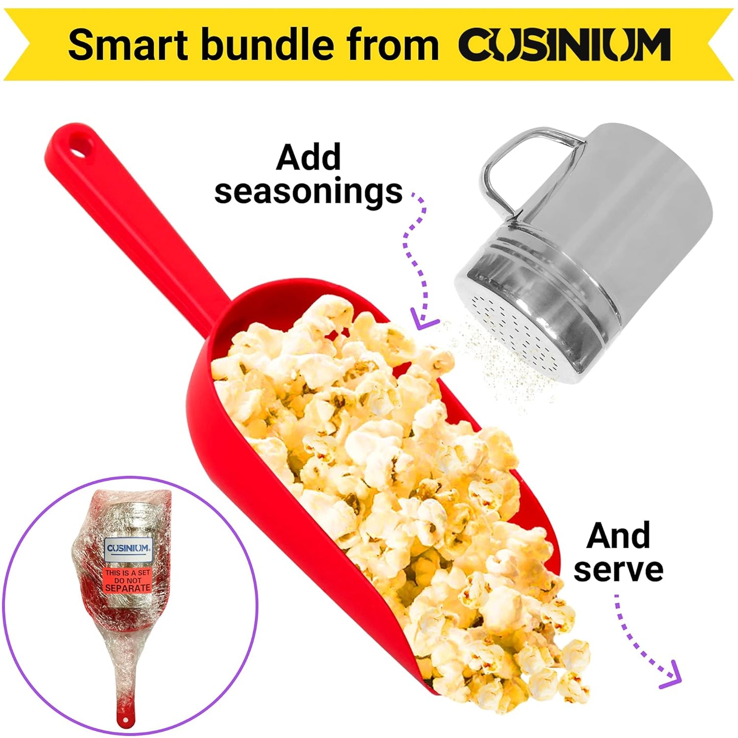 Red Popcorn Plastic Scoop with Popcorn Salt Shaker (Handle, Plastic Cap) - Popcorn Concession Supplies Bundle