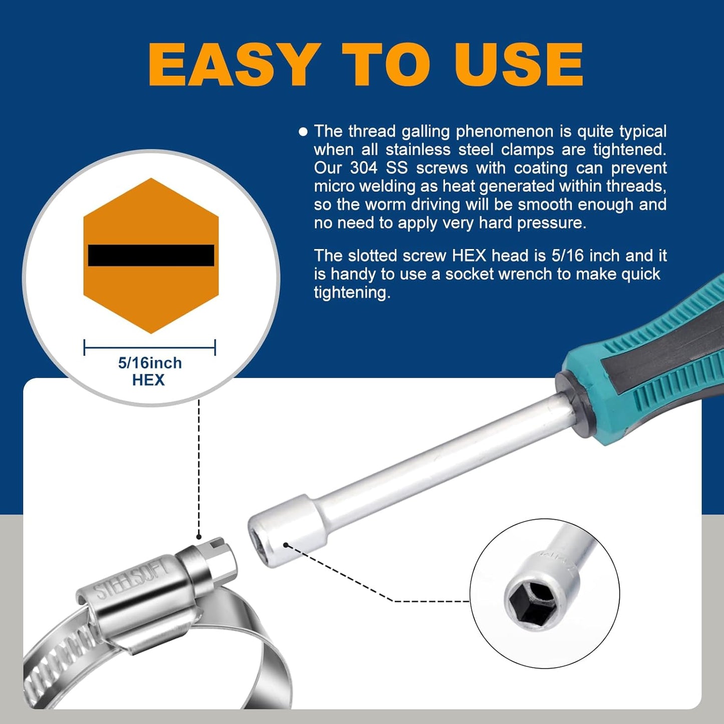 Non-Slip Worm Gear Hose Clamps#6, 1/2" to 3/4"(12-20mm) Adjustable Stainless Steel Screw Clamps for Automotive, Fuel Line, Garden, Heater, Radiator Tube Pipe, 12 Pack