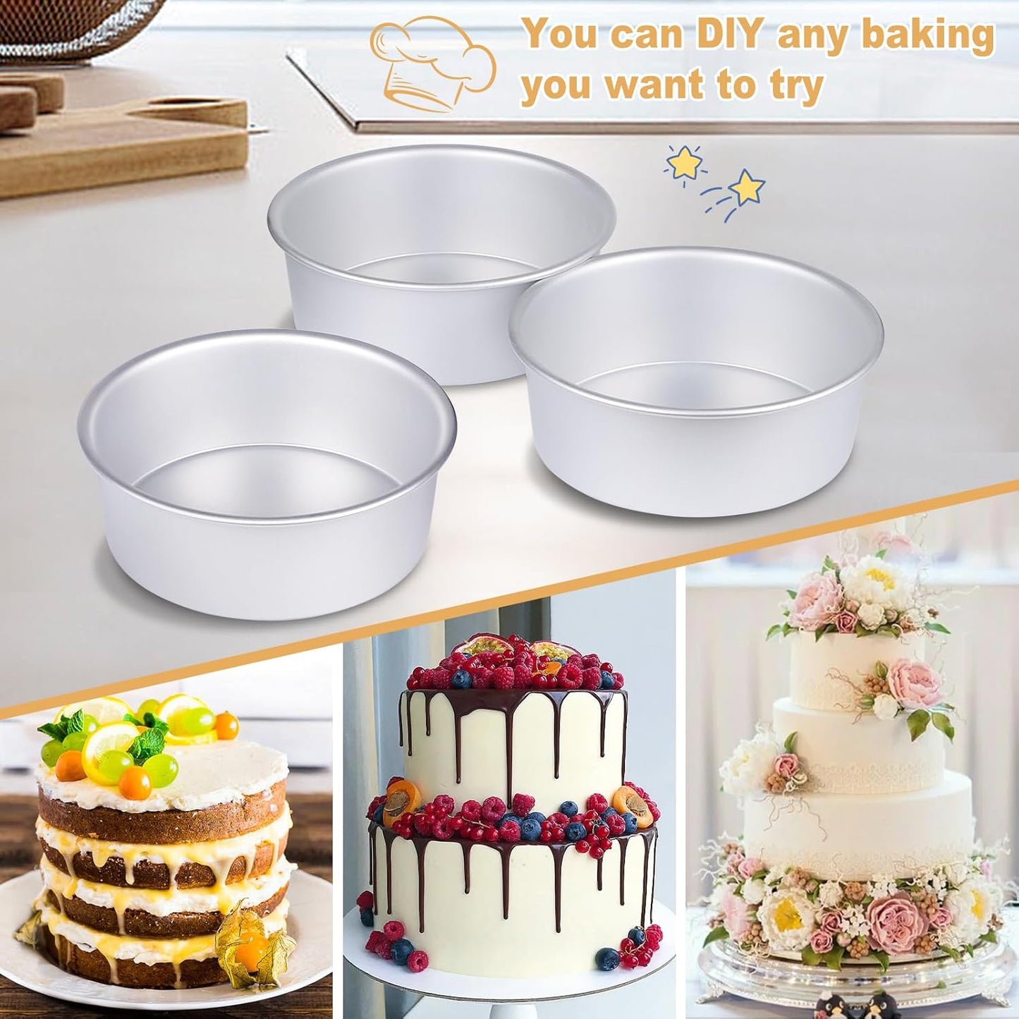 Round Cake Pan Set of 3 (6 x 3 inch/8 x 3 inch/10 x 3 inch), Aluminum Baking Pans for Layer Cakes, Heavy Duty Non-Stick, Evenly Baking Tools for Home Kitchen, Birthday Wedding Anniversary