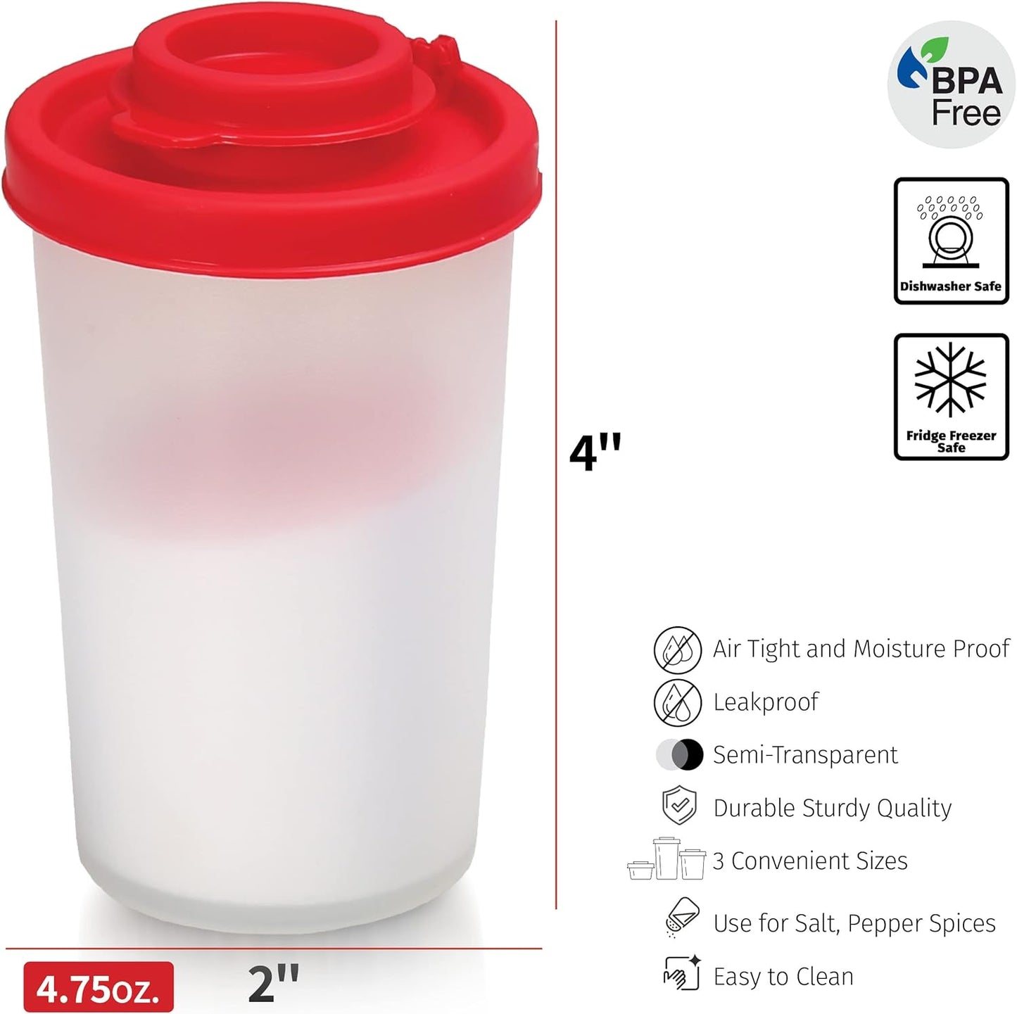 SIGNORAWARE Salt and Pepper Shakers Moisture Proof Set of 2 Large Salt Shaker to go Camping Picnic Outdoors Kitchen Lunch Boxes Travel Spice Set Clear with Red Covers Lids Plastic Airtight Dispenser