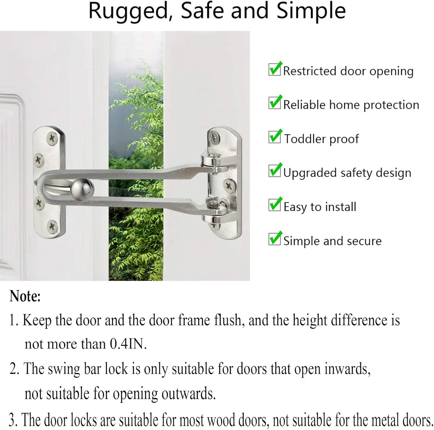 Home Security Door Lock, 2 Pack Latch Guard Clasp Front Door Locks for Kids, Home Reinforcement Lock for Swing-in Doors, Hotel Door Latches, Thicken Solid Aluminium Alloy, Satin Nickel