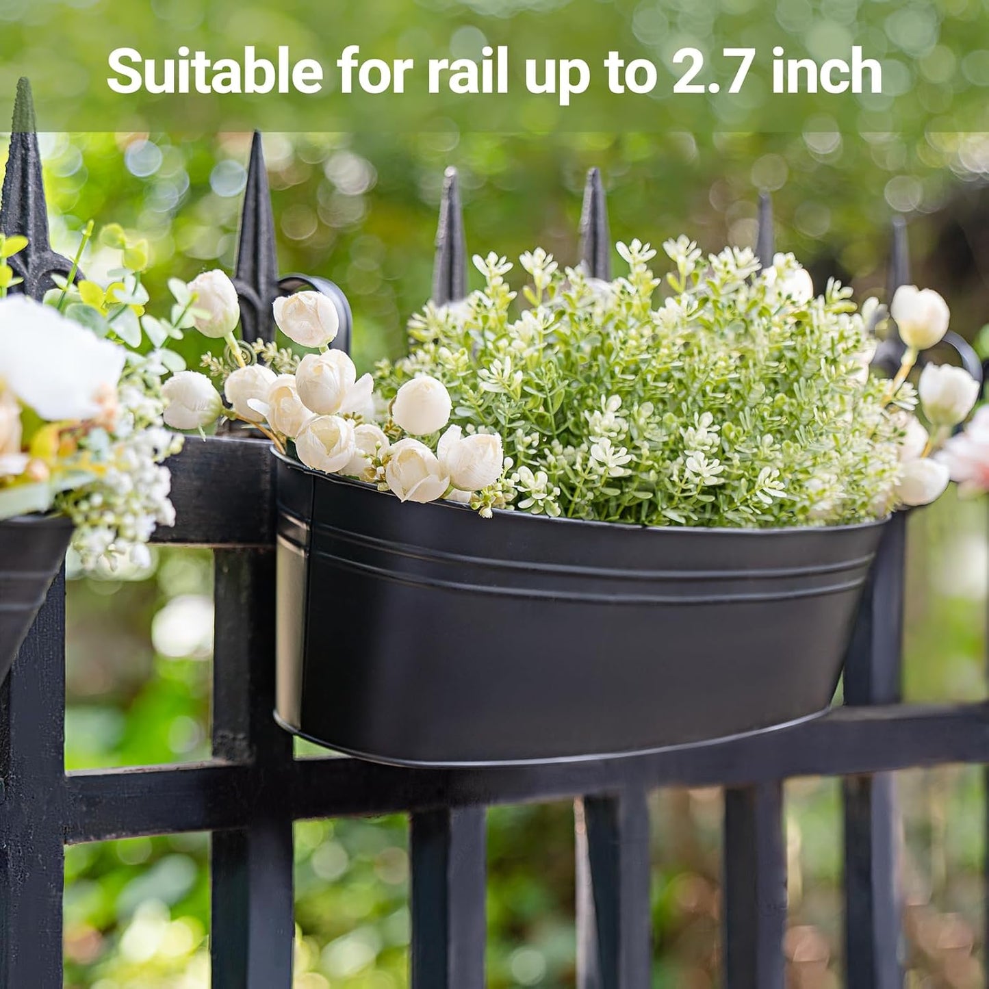 3 Pcs Metal Hanging Flower Pots for Railing Fence Outdoor Planter 15.7 Inch Hanging Bucket Pots Countryside Window Flower Plant Holder with Detachable Hooks for Garden Yard Home Decor,Black