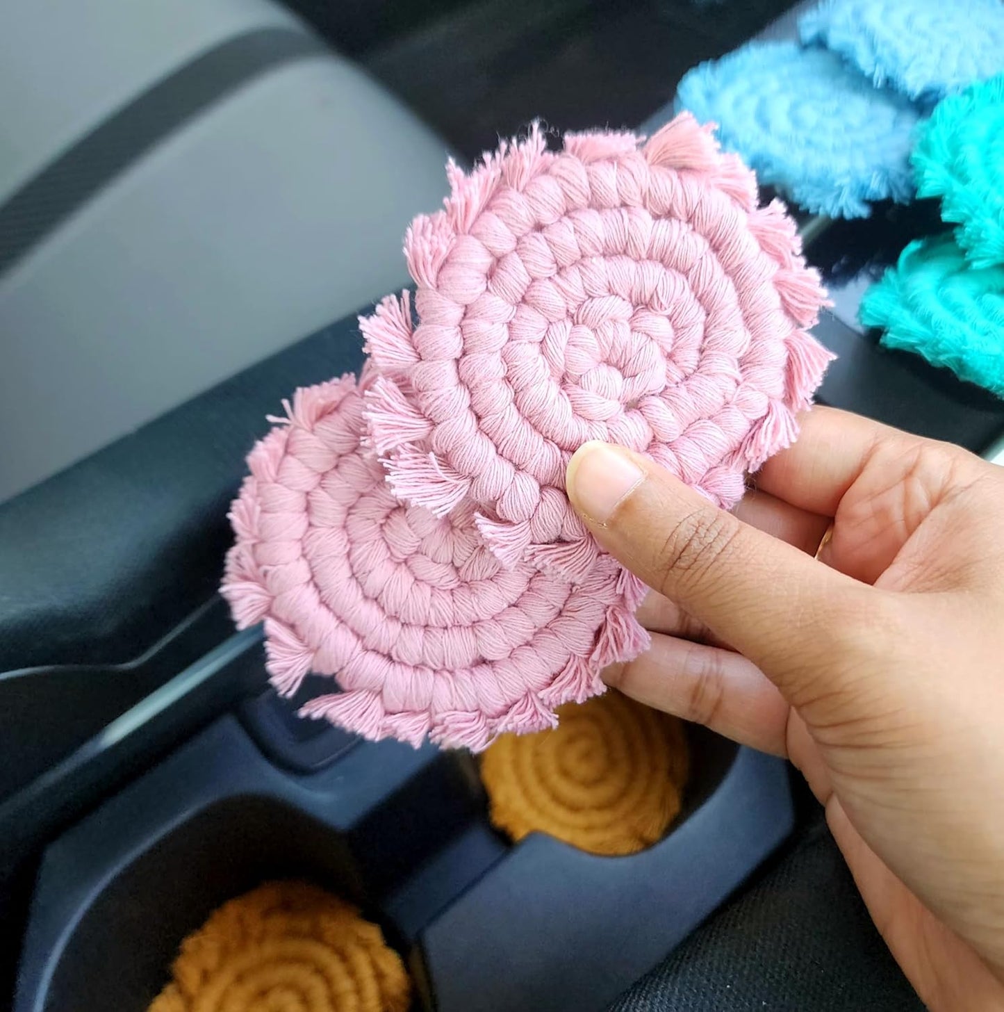 Cotton Car Coasters for Cup Holders, 2PC Car Cup Coasters, Drink Coaster Holder, Cute cupholder Coaster Accessories for Women, Macrame, Boho(Champagne Pink)