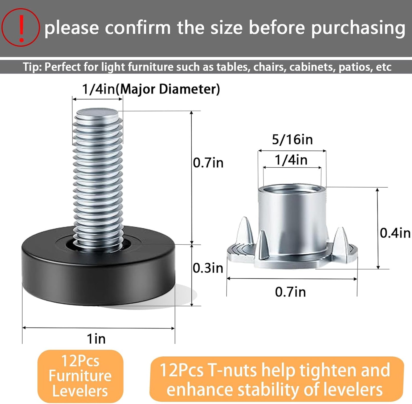 1/4" Thread Leveling Feet, 12 PCS Adjustable Furniture Levelers with T-Nuts, Threaded Screw-in Table Feet for Individual Adjustment