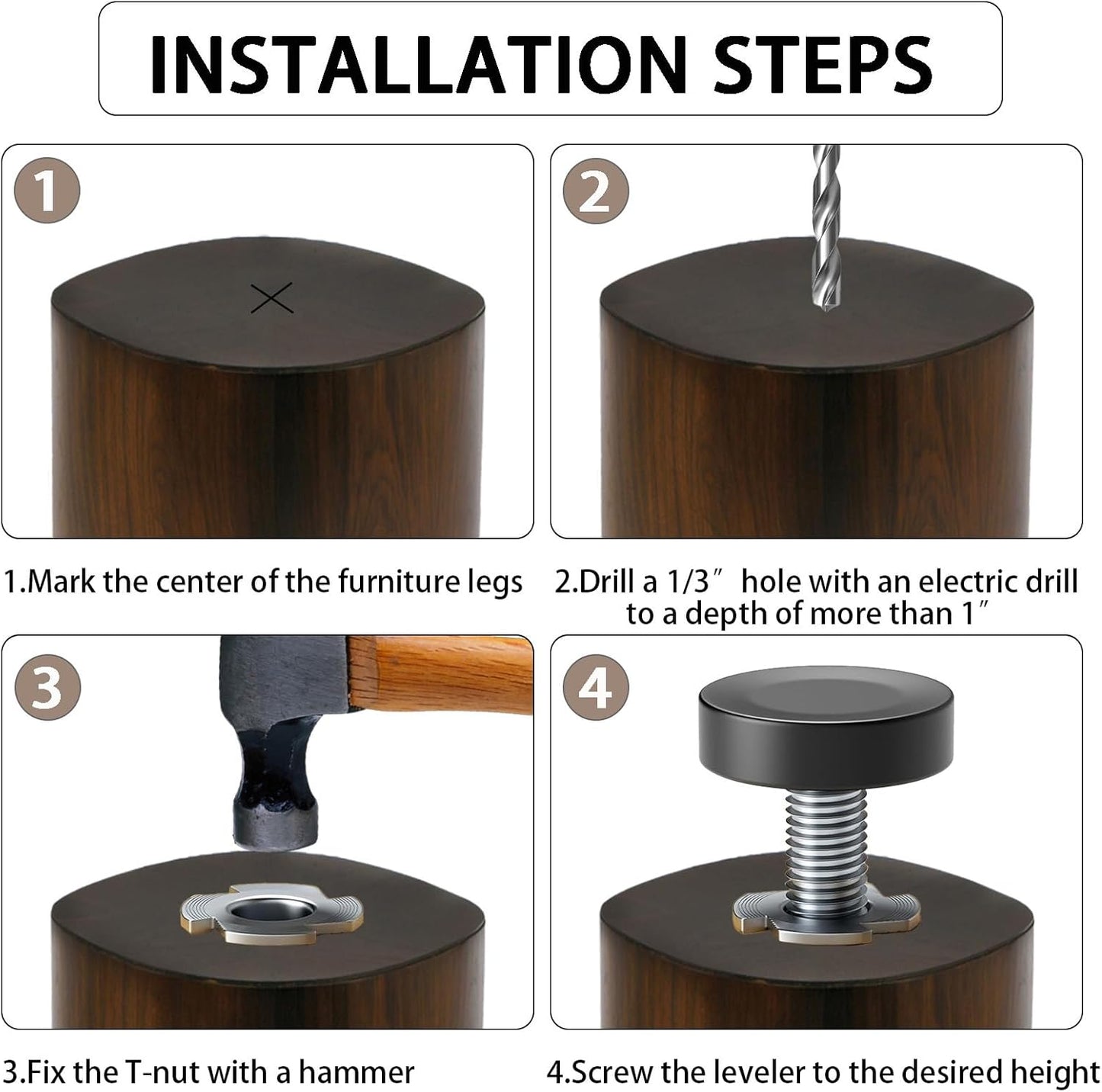 1/4" Thread Leveling Feet, 12 PCS Adjustable Furniture Levelers with T-Nuts, Threaded Screw-in Table Feet for Individual Adjustment