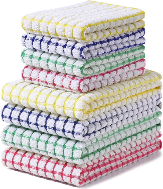 Kitchen Towels and Dishcloths Set, 16 x 25 and 12 x 12 Inches, Set of 8 Cotton Terry Kitchen Dish Towels, Super Soft and Absorbent Dish Cloths, Blue/Yellow/Red/Green