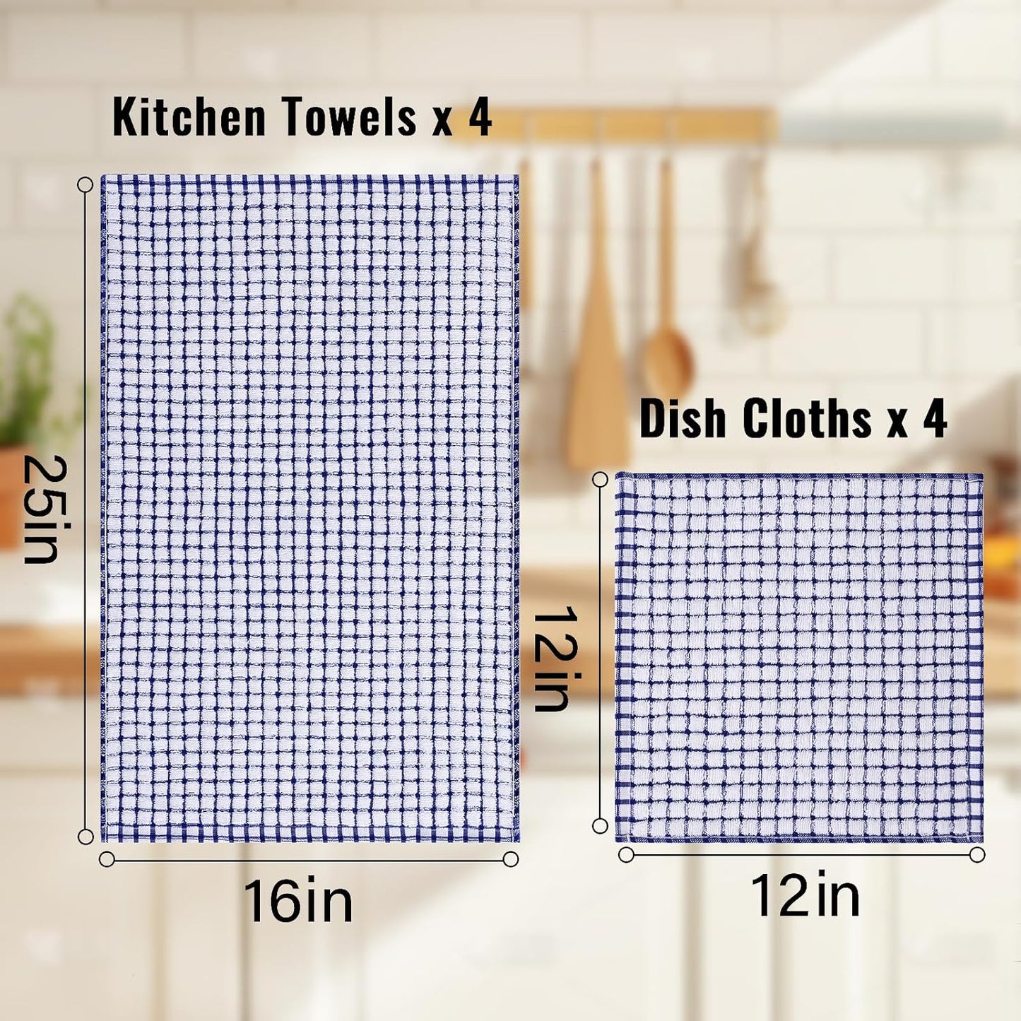 Kitchen Towels and Dishcloths Set, 16 x 25 and 12 x 12 Inches, Set of 8 Cotton Terry Kitchen Dish Towels, Super Soft and Absorbent Dish Cloths, Blue/Yellow/Red/Green