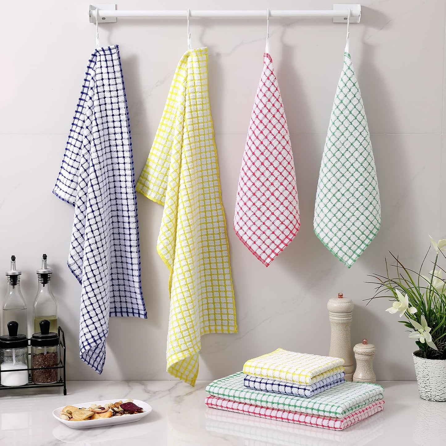 Kitchen Towels and Dishcloths Set, 16 x 25 and 12 x 12 Inches, Set of 8 Cotton Terry Kitchen Dish Towels, Super Soft and Absorbent Dish Cloths, Blue/Yellow/Red/Green