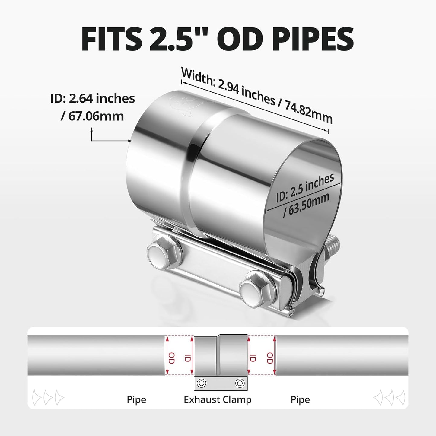 2.5'' Exhaust Clamp, Lap Joint Band Clamp Stainless Steel for Pipes, Mufflers, Catalytic Converters (1PCS, 2.5 inch)