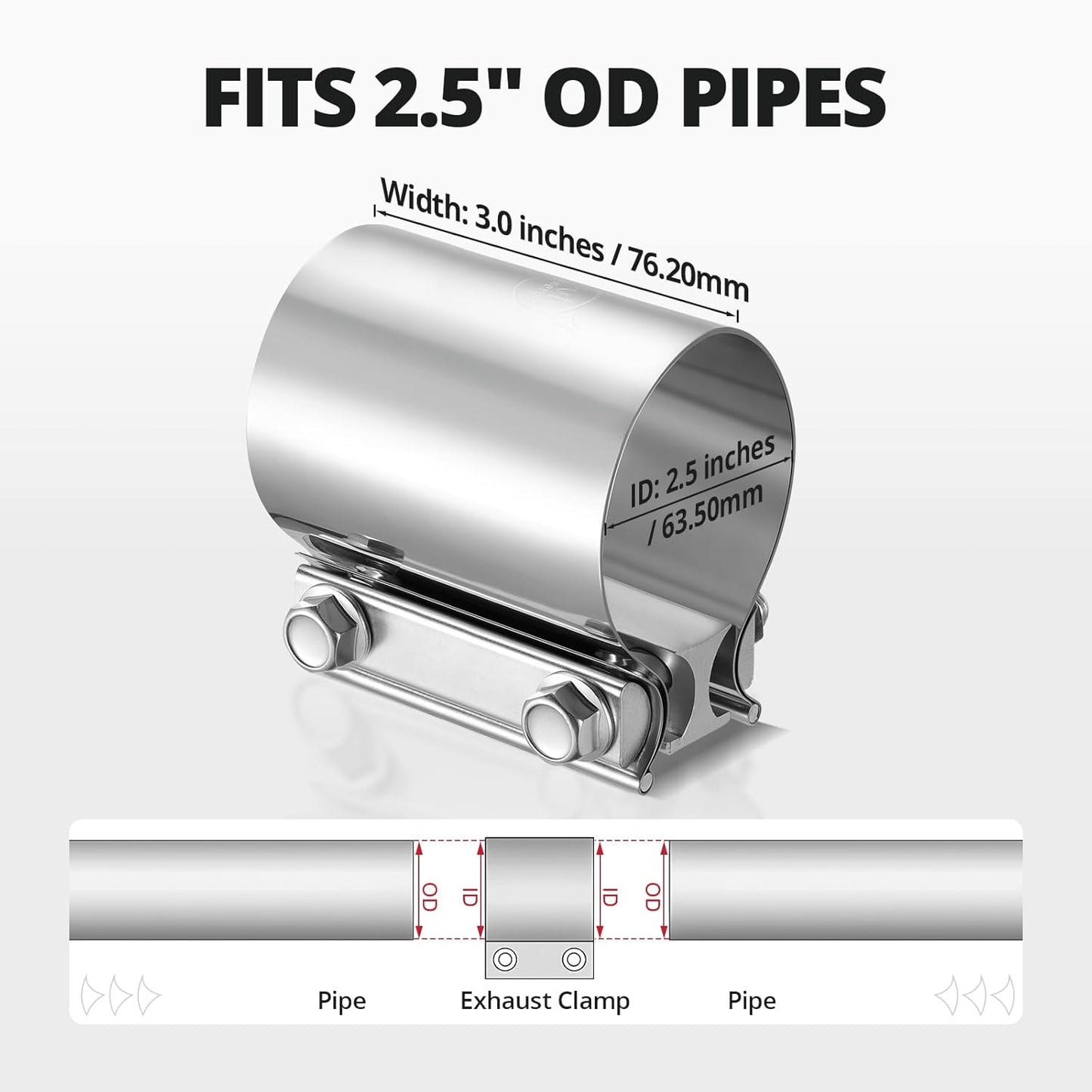 2.5 inch Exhaust Clamp, 2 1/2" Butt Joint Band Clamp Sleeve Coupler Stainless Steel for Pipes,Mufflers,Catalytic Converters (1PC, 2.5 in)