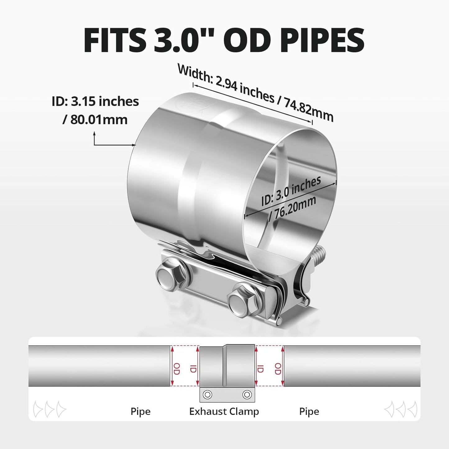 3.0'' Exhaust Clamp, Lap Joint Band Clamp Stainless Steel for Pipes, Mufflers, Catalytic Converters (4Pcs, 3.0 inch)