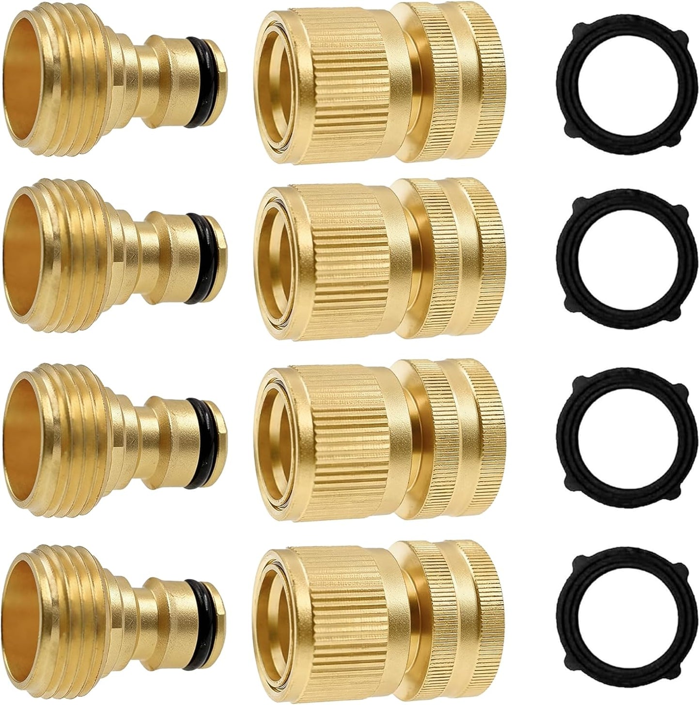 Garden Hose Quick Connector, Solid Brass 3/4 Inch GHT Thread Garden Quick Connect Kit, Male and Female No-Leak Water Hose Fittings (4 Set)