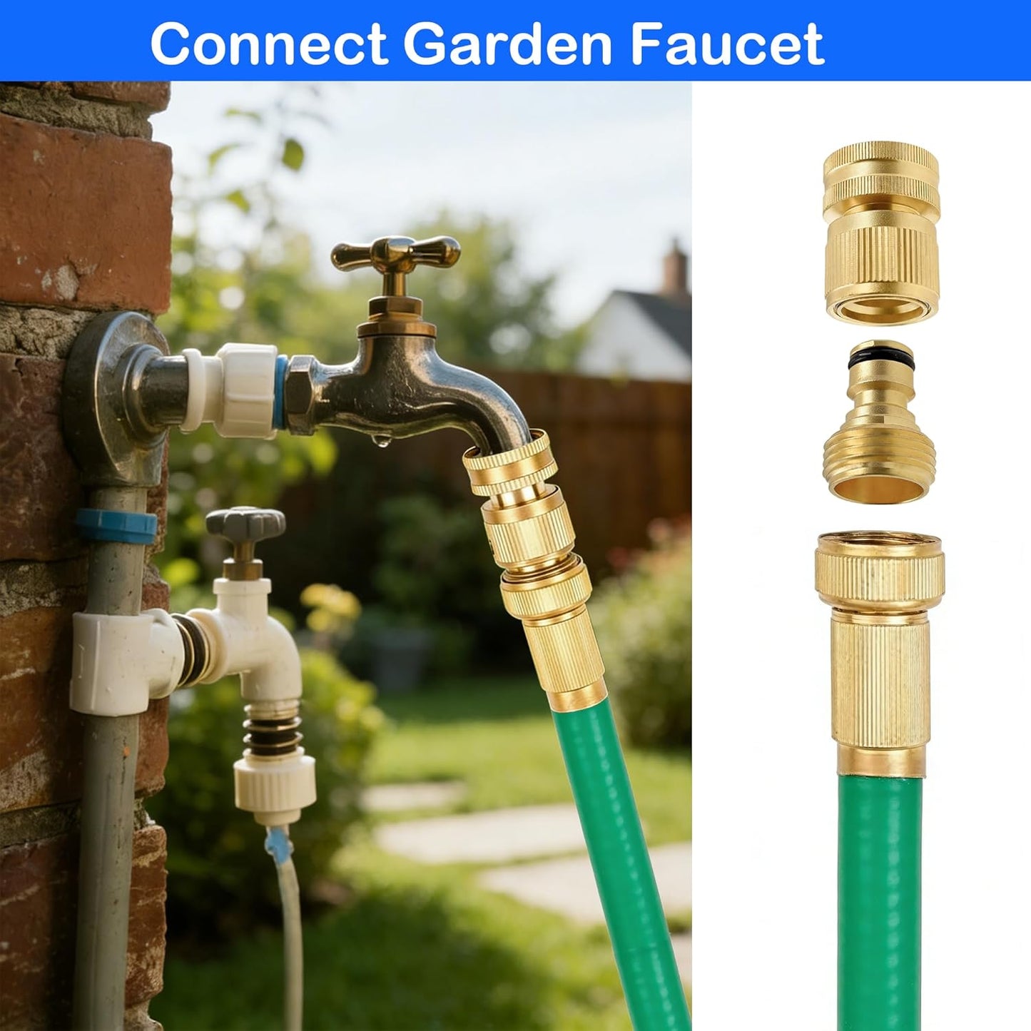 Garden Hose Quick Connector, Solid Brass 3/4 Inch GHT Thread Garden Quick Connect Kit, Male and Female No-Leak Water Hose Fittings (4 Set)