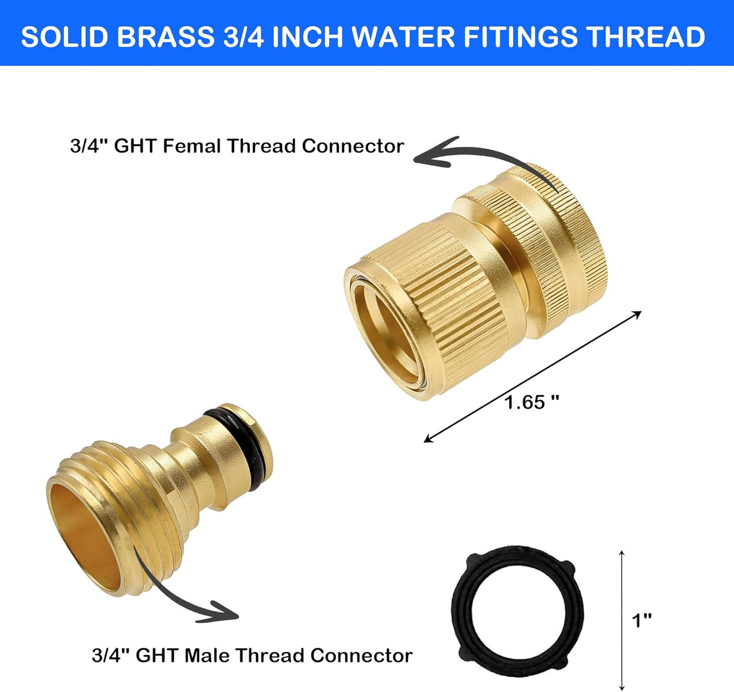 Garden Hose Quick Connector, Solid Brass 3/4 Inch GHT Thread Garden Quick Connect Kit, Male and Female No-Leak Water Hose Fittings (4 Set)
