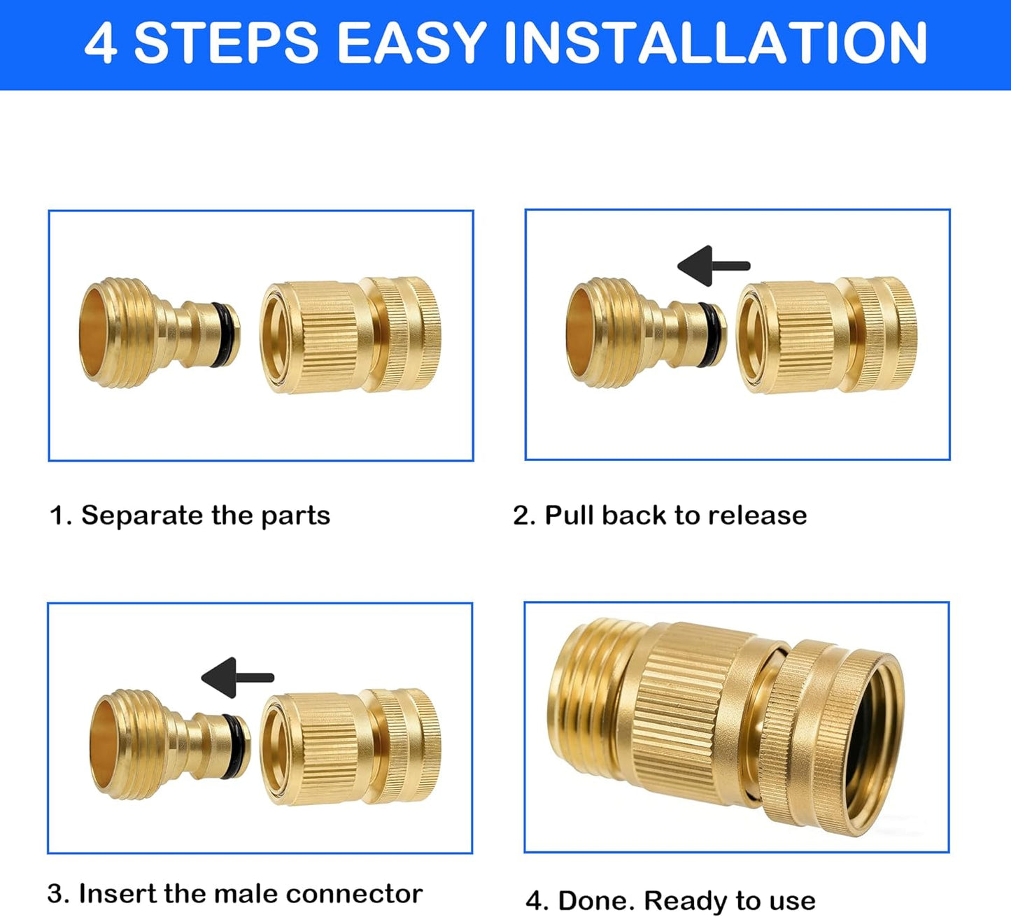 Garden Hose Quick Connector, Solid Brass 3/4 Inch GHT Thread Garden Quick Connect Kit, Male and Female No-Leak Water Hose Fittings (4 Set)