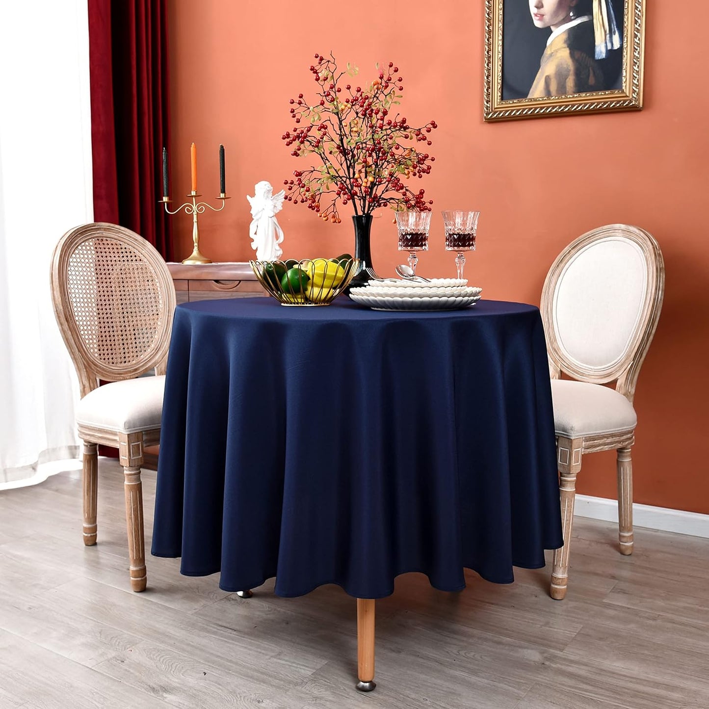 Navy Blue 210 GSM Water & Stain Resistant Round Tablecloth for Circle Table - Solid 48 Inch Table Cloth Cover in Wrinkle Free Durable Washable Polyester Fabric for Wedding, Party, Banquet