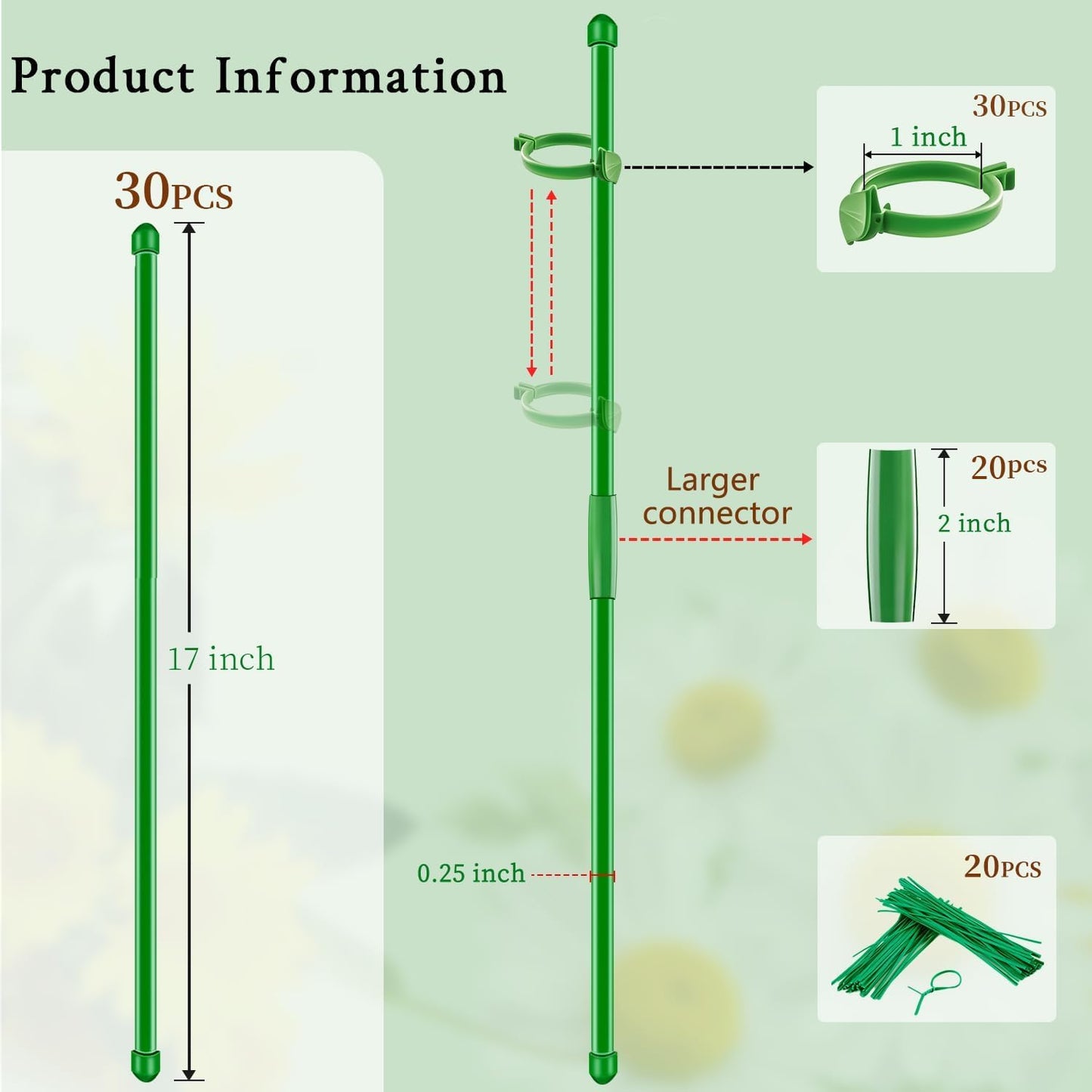 20Pcs Plant Support Stakes 17 inch  Garden Orchid Sticks Extended to 3ft 4ft 5ft Plant Poles with Clips for Indoor Outdoor Potted Tomato Rose Amaryllis Vegetables Comes with 20 Ties