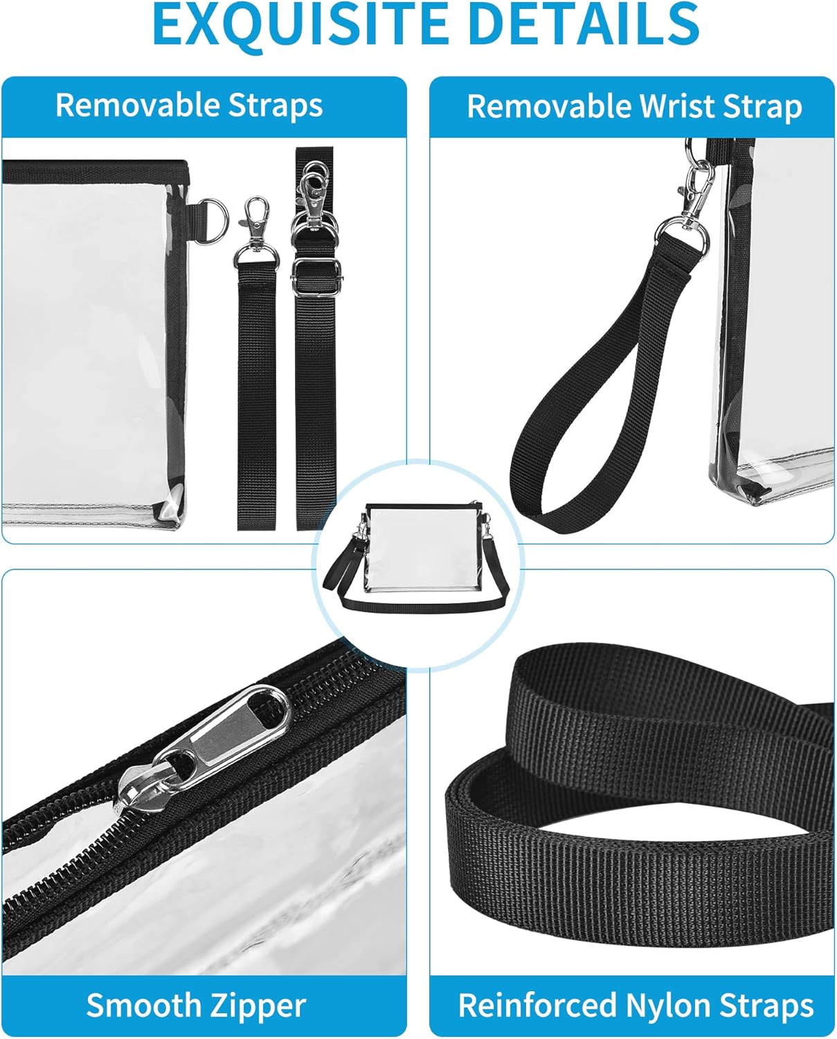 Clear Bag for Stadium Events, Clear Purse with Detachable Strap, Sports fan Handbag Purses for Game Day and Concert