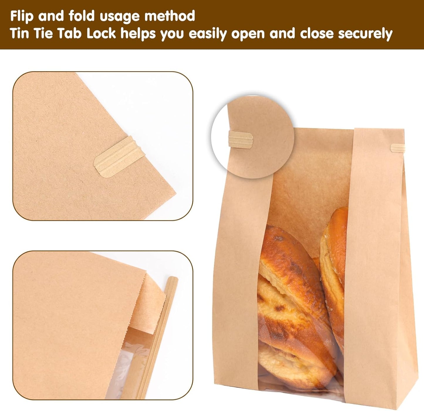 120 Pack Large Paper Bread Bags for Homemade Bread, 13.7x8.3x3.5 Inches, Sourdough Bread Bags with Tin Tie Tab and Clear Front Window, Includes 144 Label Seal Stickers (Brown)
