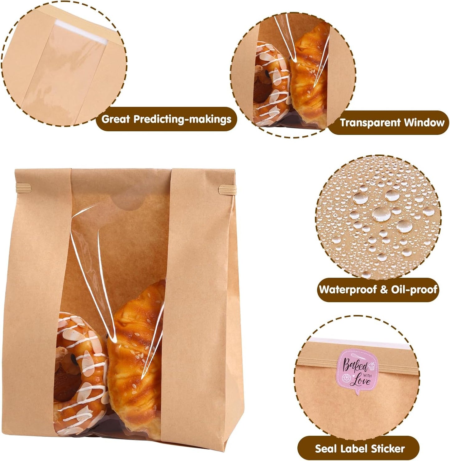 120 Pack Large Paper Bread Bags for Homemade Bread, 13.7x8.3x3.5 Inches, Sourdough Bread Bags with Tin Tie Tab and Clear Front Window, Includes 144 Label Seal Stickers (Brown)