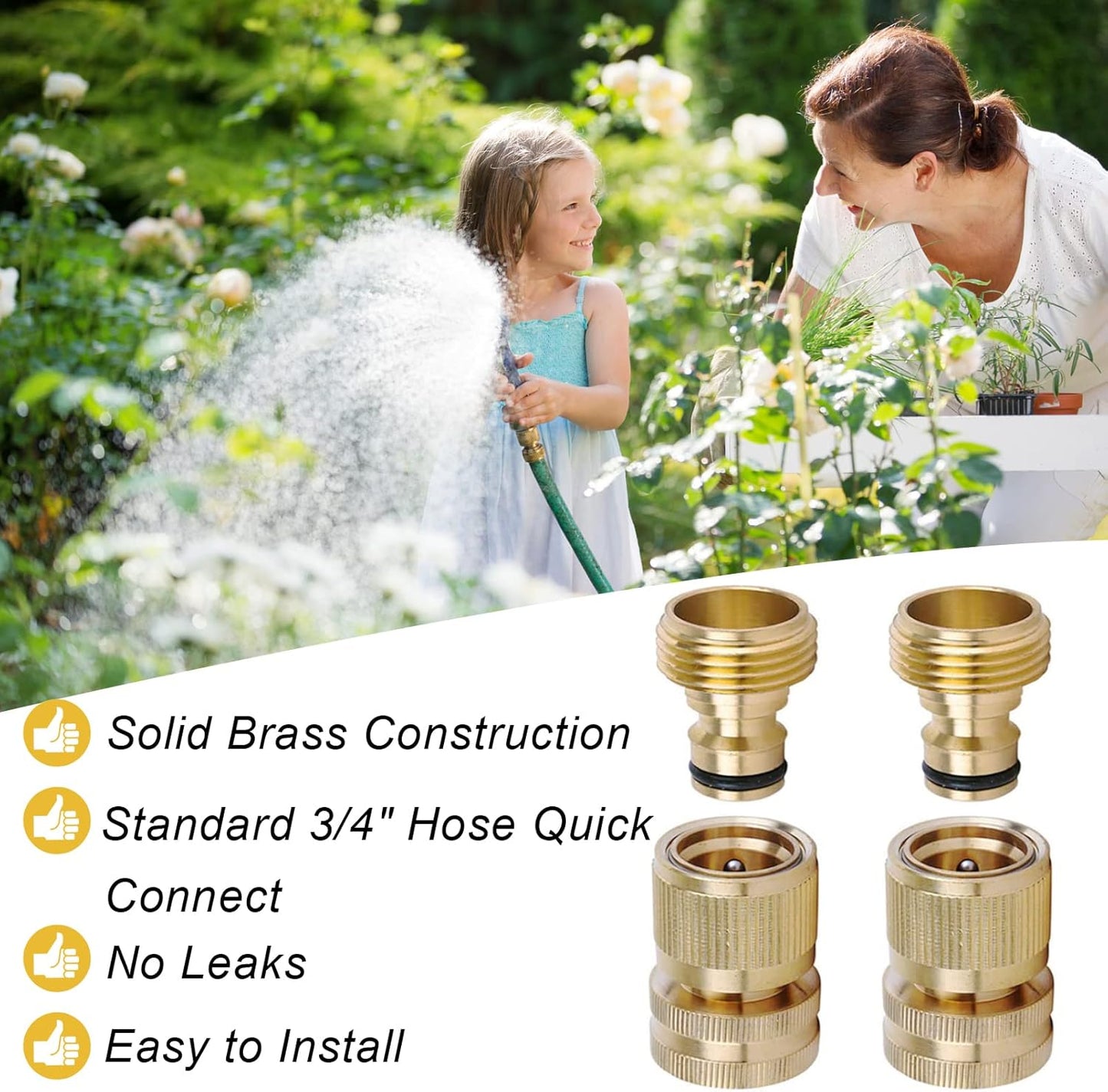Brass Hose Quick Connect, 3/4 Inch GHT Thread Garden Hose Quick Connector No-Leak Water Hose Quick Connect Fittings Male and Female - 2Packs