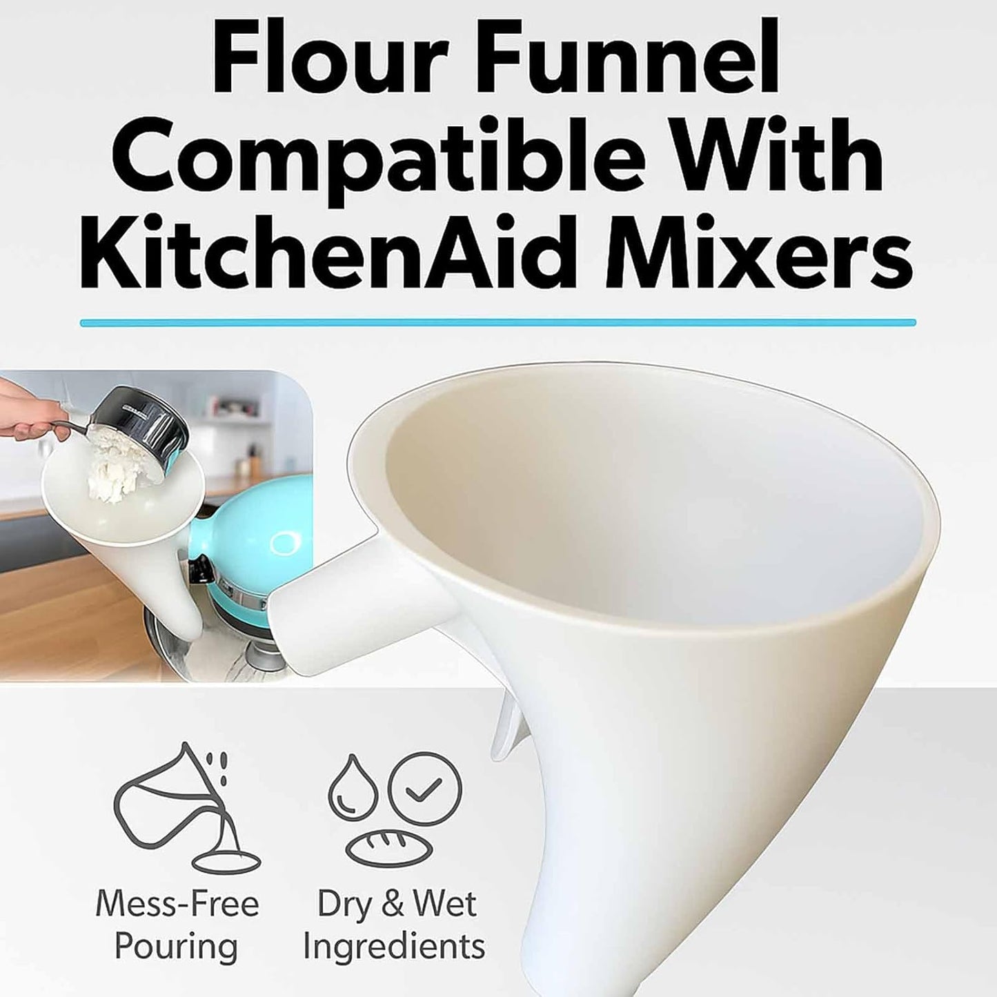 Funnel for Kitchen Aid Mixer, Kitchen Aid Accessories and Attachments, Pouring Chute for Kitchid Mixer, Fits Tilt-Head 4.5–5 Qt (KSM150), Durable Dishwasher-Safe Baking Tool
