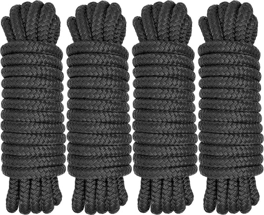 Boat Dock Lines 1/2" x 15' - Double Braided Nylon Boat Ropes for Docking with 12" Loop, Marine-Grade High Strength Boat Lines Dock Rope, Premium Marine Rope Mooring Lines, Easy Handling - 4 Pack,Black