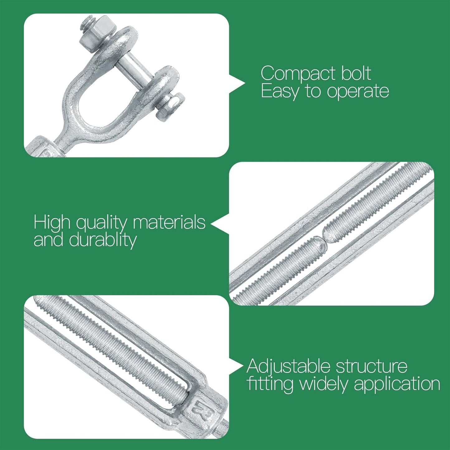 1/4" Jaw Jaw Turnbuckle Galvanized Jaw and Jaw Turnbuckle, Jaw Jaw Closed Body Marine Turnbuckle Jaw, 2000lbs Working Load Limit, Durable for Wire Rope Cable (1/4" x 4")