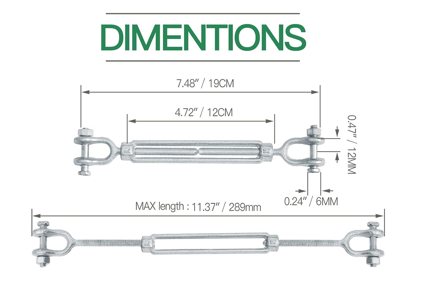 1/4" Jaw Jaw Turnbuckle Galvanized Jaw and Jaw Turnbuckle, Jaw Jaw Closed Body Marine Turnbuckle Jaw, 2000lbs Working Load Limit, Durable for Wire Rope Cable (1/4" x 4")