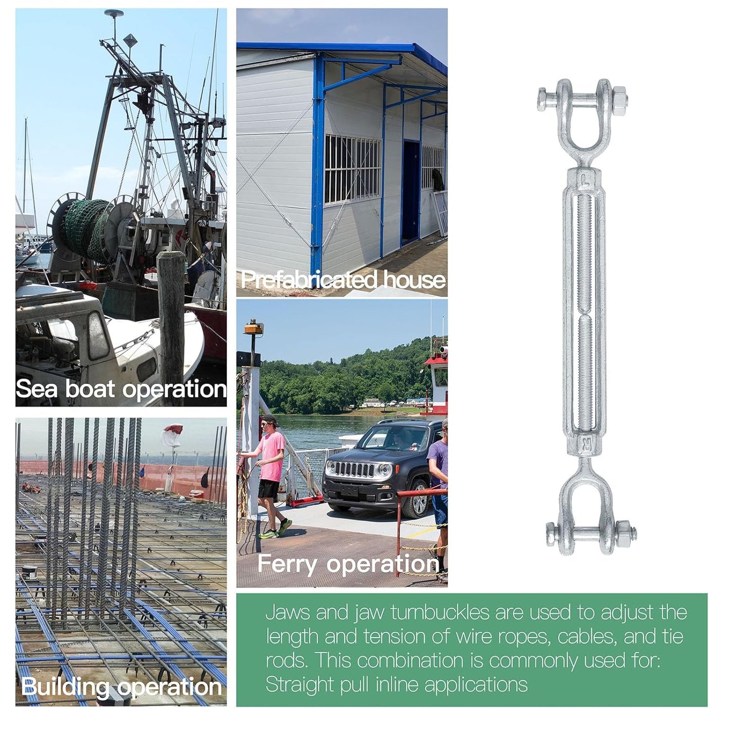 1/4" Jaw Jaw Turnbuckle Galvanized Jaw and Jaw Turnbuckle, Jaw Jaw Closed Body Marine Turnbuckle Jaw, 2000lbs Working Load Limit, Durable for Wire Rope Cable (1/4" x 4")