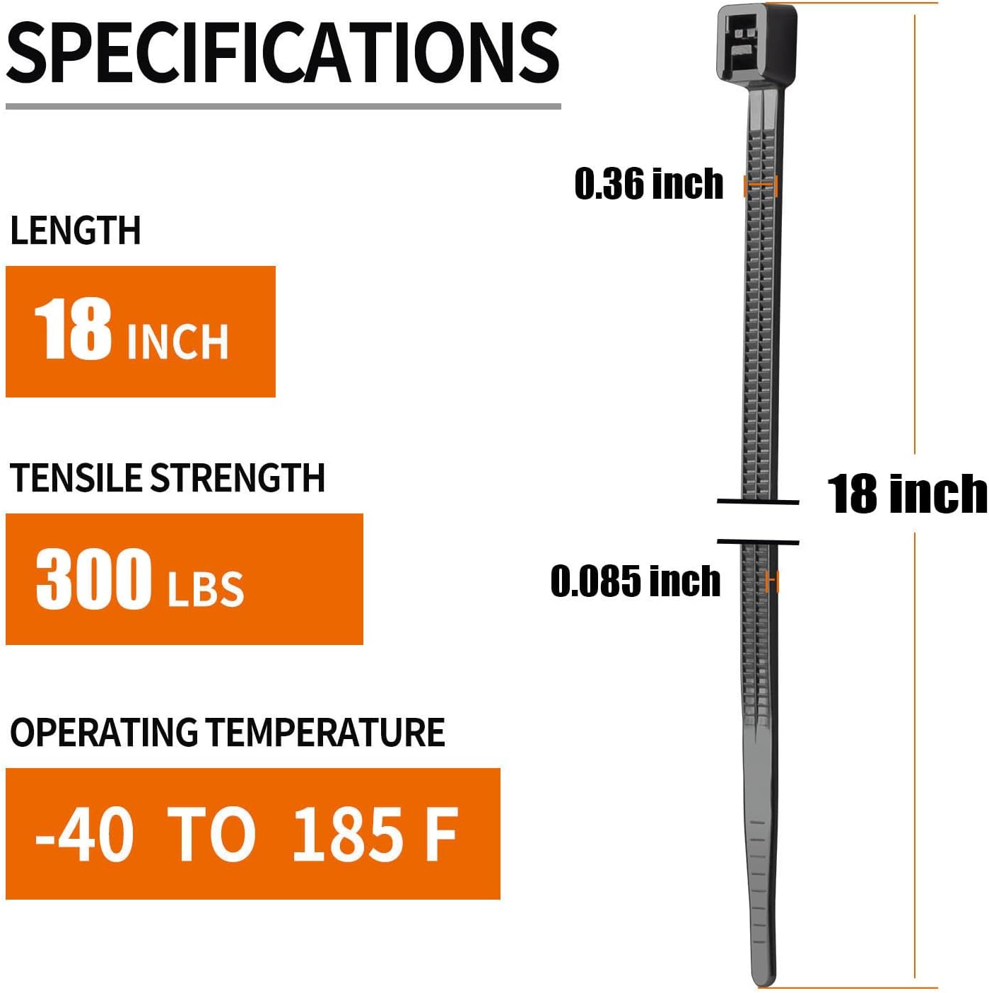 18 Inch Black Zip Ties Heavy Duty 100 Pack Long Cable Ties, 300 LBS Ultra Strong Tensile Strength, Self-Locking UV Resistant for Indoor and Outdoor Use