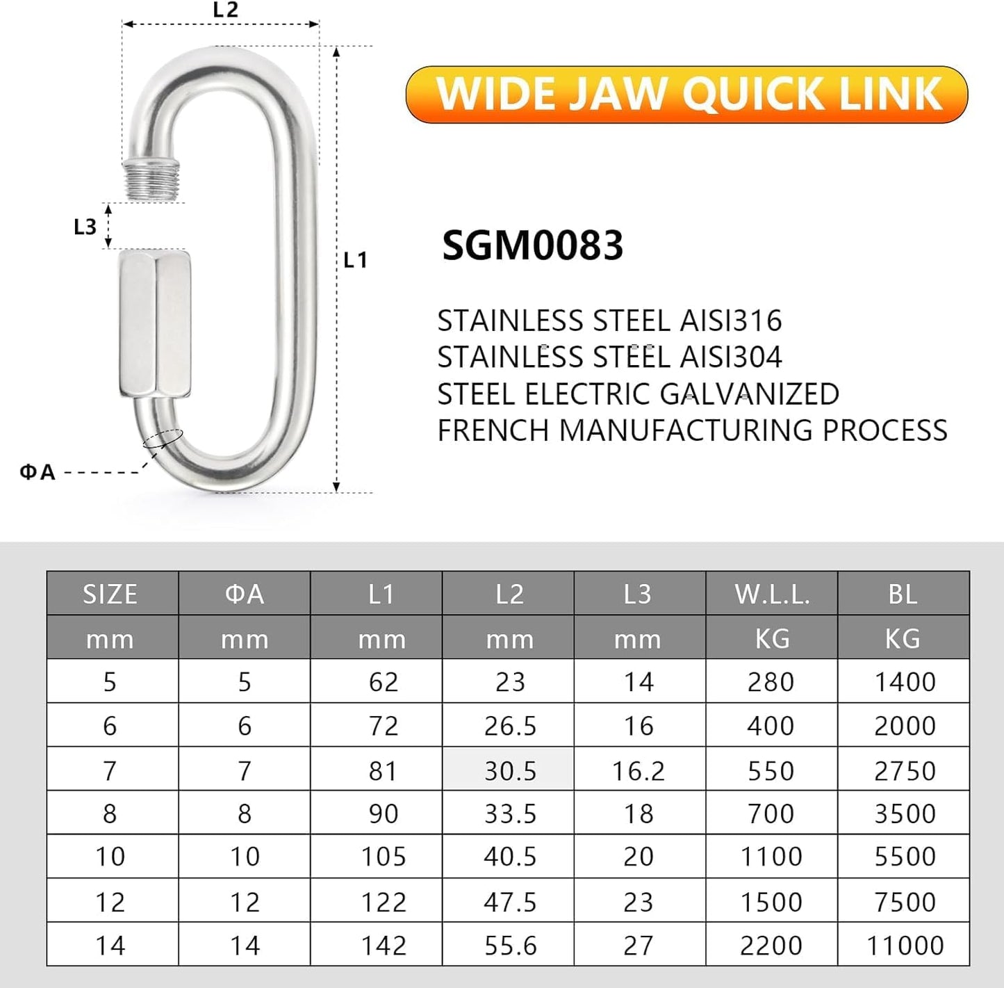 Stainless Steel Chain Quick Links - 304 Stainless Stee Chain Connector, Screw Carabiner, Chain Hooks, Set of 6