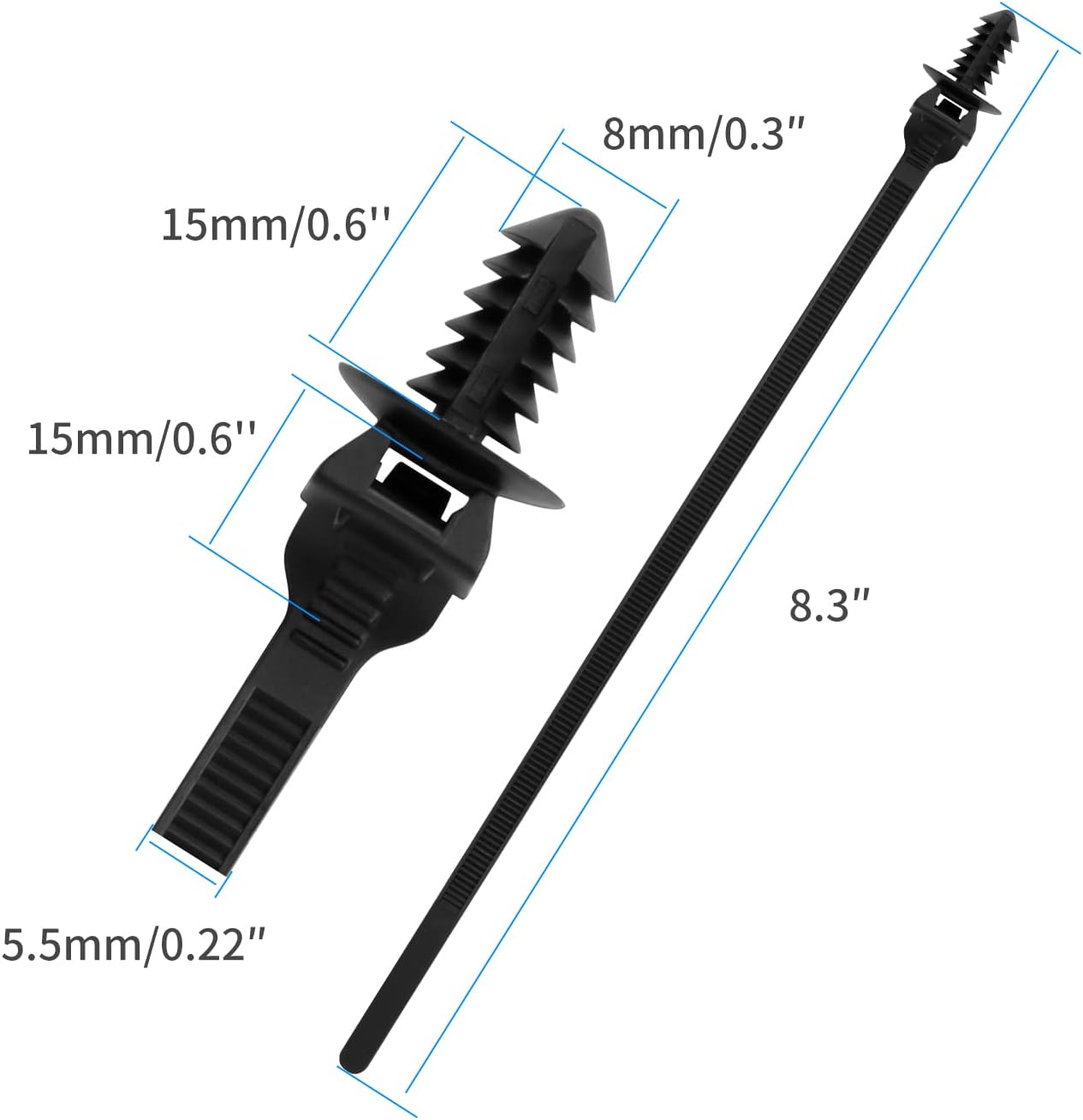 100PCS Fir Tree Nylon Push Mount Zip Ties, Heavy Duty Wire Ties, 2 in 1 Self Locking UV Resistant Assortment for Indoor Wire Tying (8.3"x0.22")