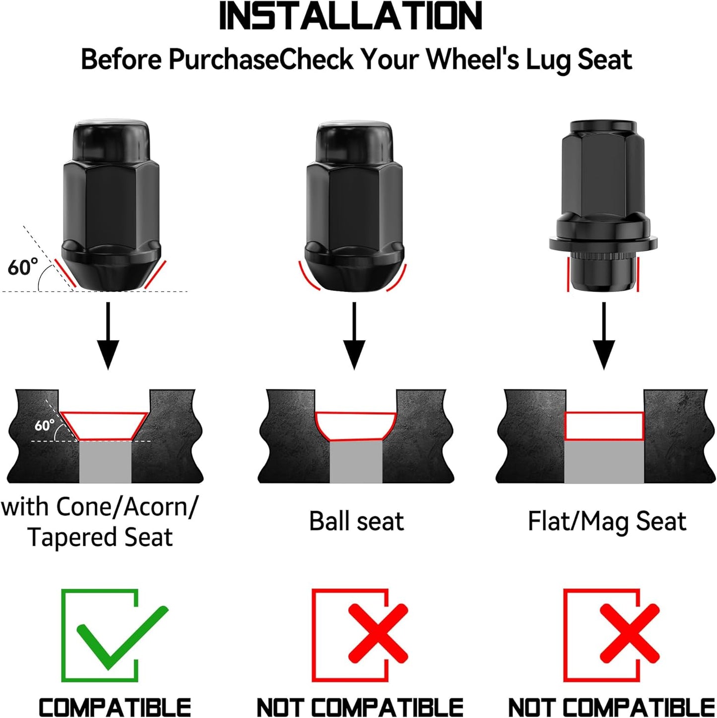 12x1.5 Wheel Lug Nuts, 20PCS Black 12mmx1.5 Closed End Bulge Acorn Lug Nut, Cone Seat, 19mm Hex Aftermarket Wheels