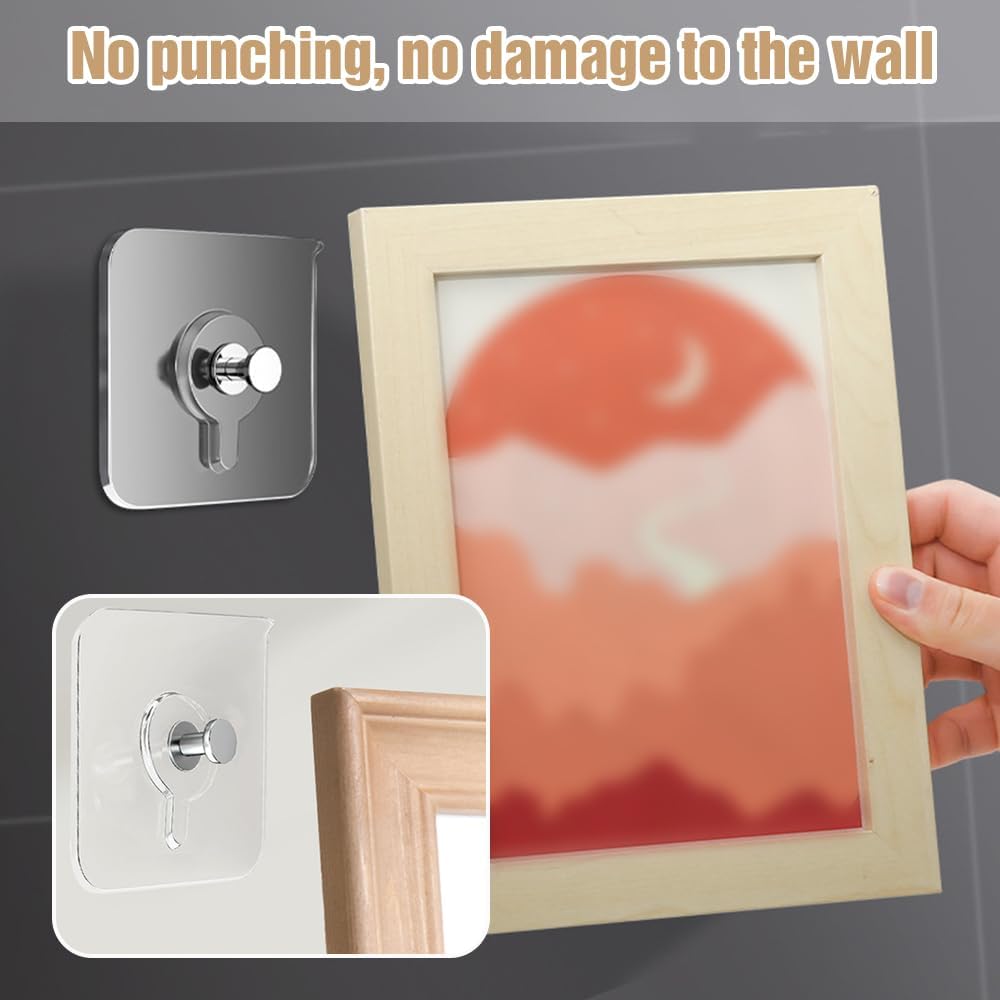 Drill Free Adhesive Hooks,Upgraded Picture Hangers Without Nails,Adhesive Wall Mount Screw Hooks for Hanging,Nail Free Wall Hangers for Kitchen, Bathroom (12 PCS, 2.36 * 2.36 inch)