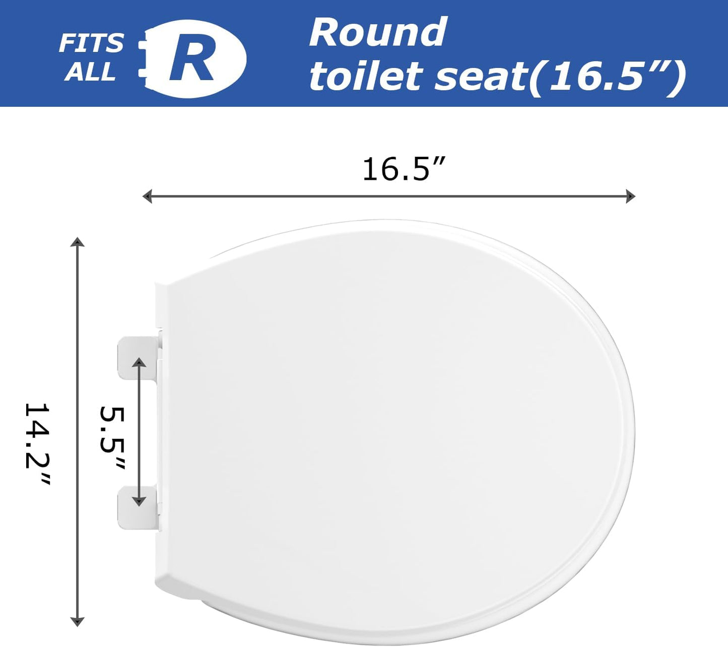 Round Toilet Seat, Standard 16.5” Slow/Soft Close Round Toilet Seat for Round Toilets, No-Slam Quiet-Close Lid, Easy-to-Install, White, Durable Never-Loosen Design