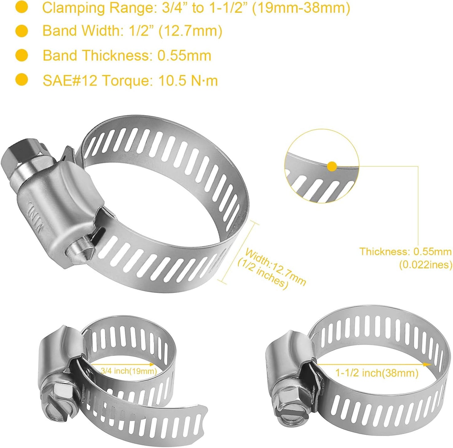 Stainless Steel Hose Clamps - 16 Pack Worm Gear Drive Hose Clamps SAE 16 Clamping Range 3/4 Inch to 1-1/2 Inch (19mm-38mm) for Automotive Plumbing, 3/4'', 1'', 1 1/4'' Clamps