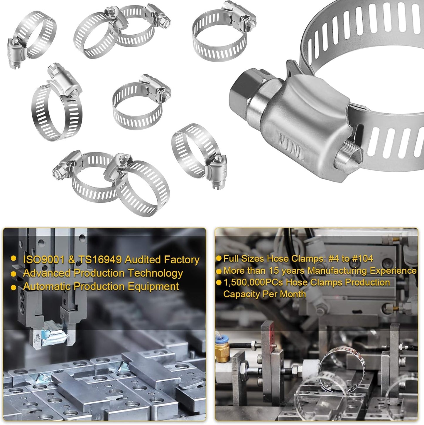 Stainless Steel Hose Clamps - 16 Pack Worm Gear Drive Hose Clamps SAE 16 Clamping Range 3/4 Inch to 1-1/2 Inch (19mm-38mm) for Automotive Plumbing, 3/4'', 1'', 1 1/4'' Clamps