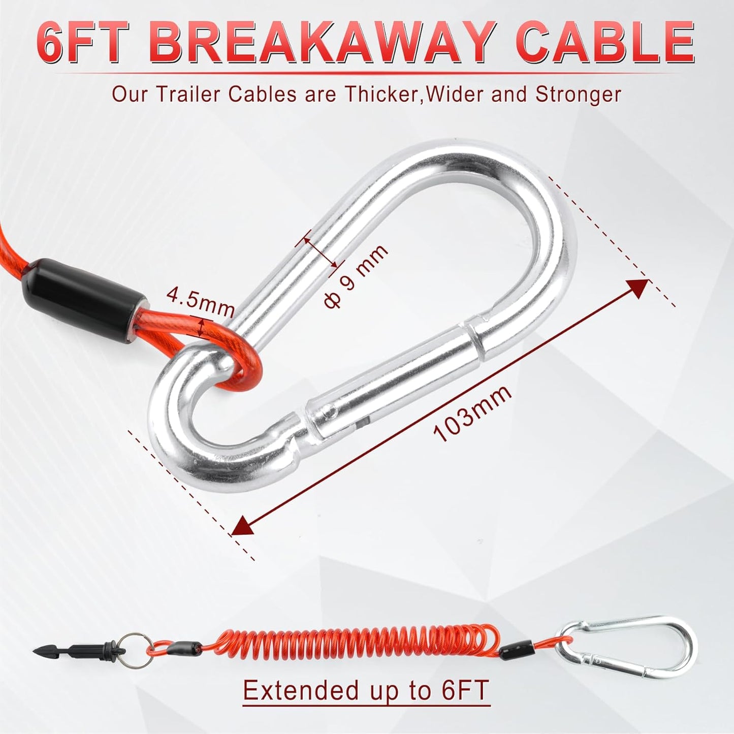 6FT Breakaway Trailer Cable,Heavy Duty Stainless Steel Spring Towing Coiled Wire,Emergency Brake Wire Camper Safety Breakaway Cable with Pin,RV Trailer Accessories