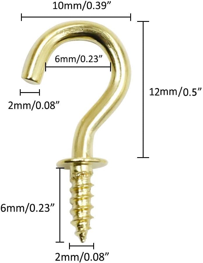 100 Pcs 1/2" Ceiling Cups Hooks Screw Hooks Ceiling Cup Hooks Self-Tapping Screws Hooks Gold