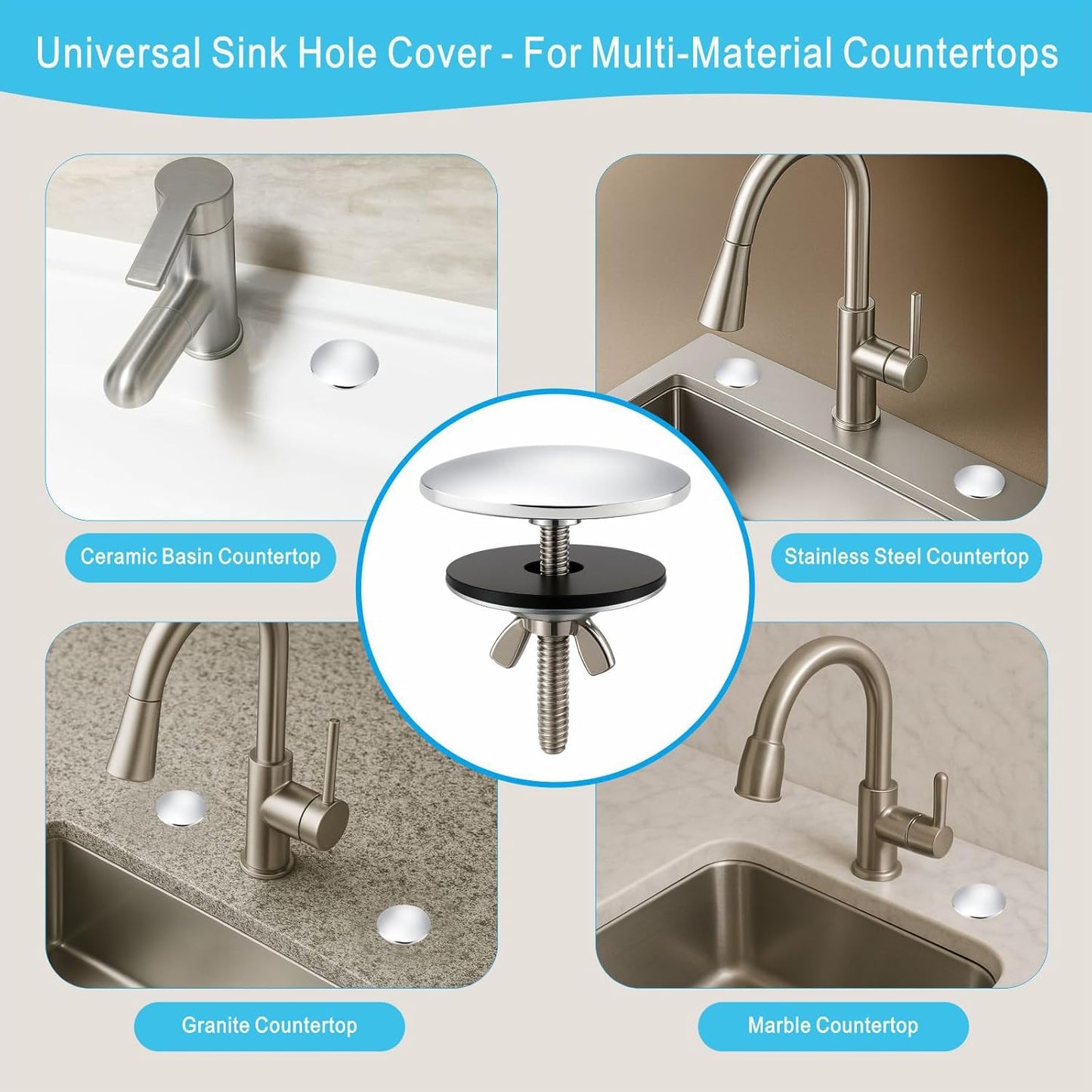 2-Inch Faucet Hole Cover, Sink Hole Cover, Solid Brass Chrome-Plated Kitchen Sink Tap Hole Plate Stopper Cover for Home Kitchen and Bathroom, Kitchen Sink Hole Covers (Silver)