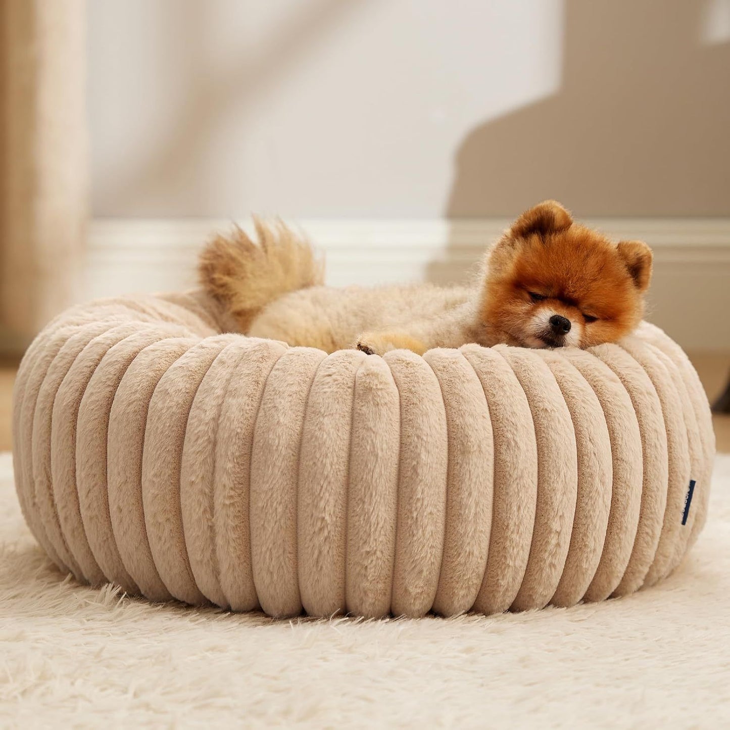 Calming Donut Pet Bed - Faux Rabbit Fur Soft Warm Round Cat Dog Bed - Plush Cozy Cuddler for Small Dogs Cats - Beige XL 90cm