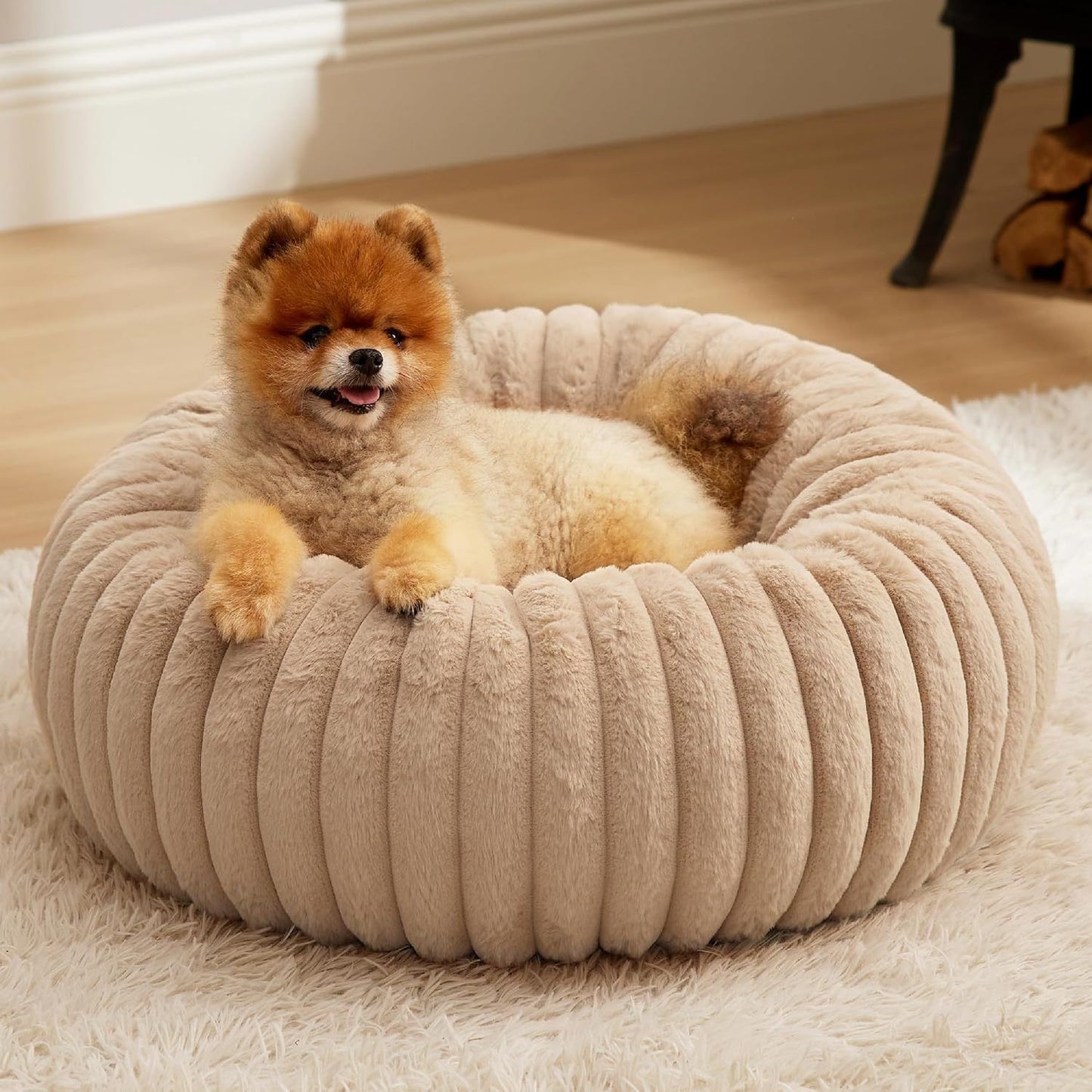 Calming Donut Pet Bed - Faux Rabbit Fur Soft Warm Round Cat Dog Bed - Plush Cozy Cuddler for Small Dogs Cats - Beige XS 50cm