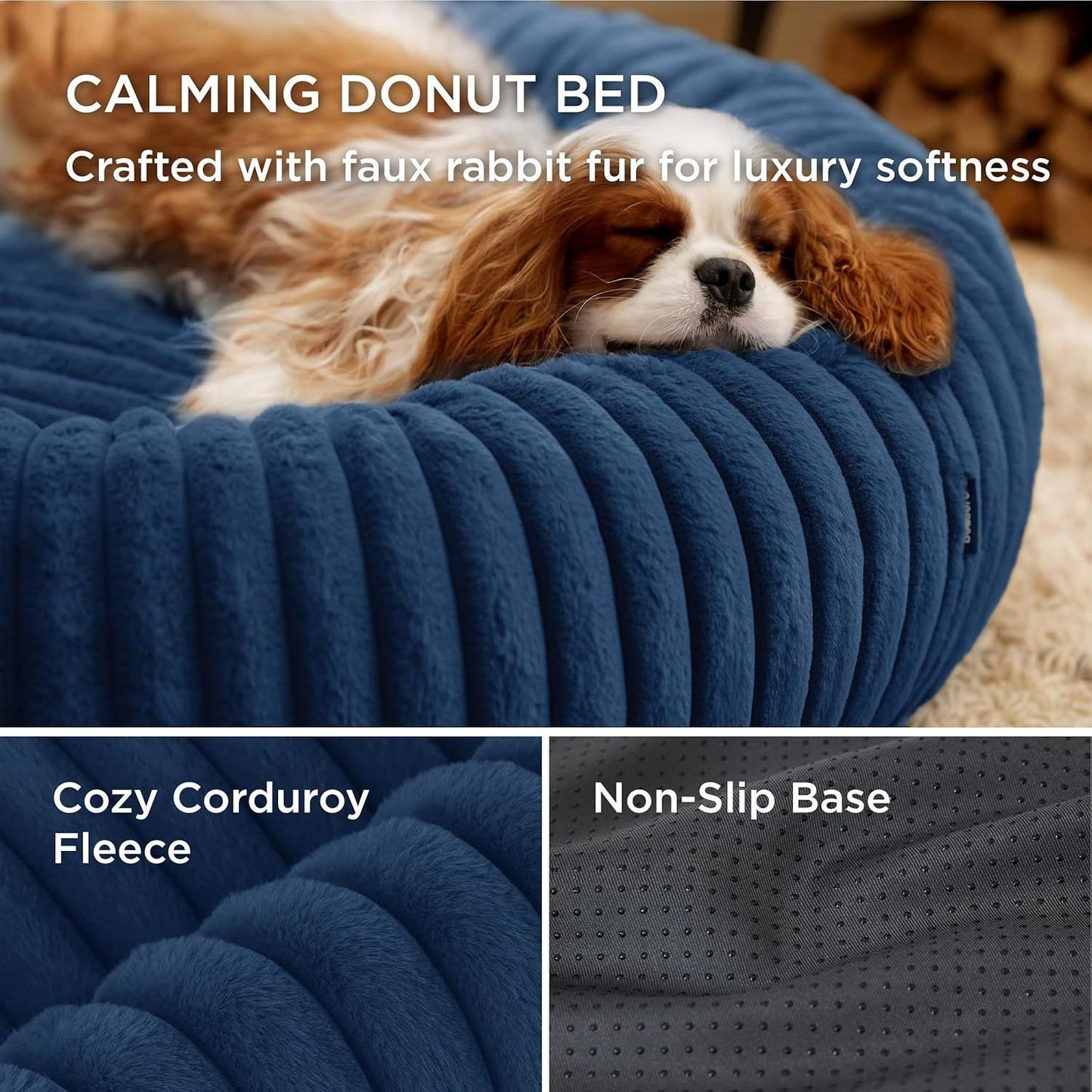 Calming Donut Pet Bed - Faux Rabbit Fur Soft Warm Round Cat Dog Bed - Plush Cozy Cuddler for Small Dogs Cats - Blue L 80cm