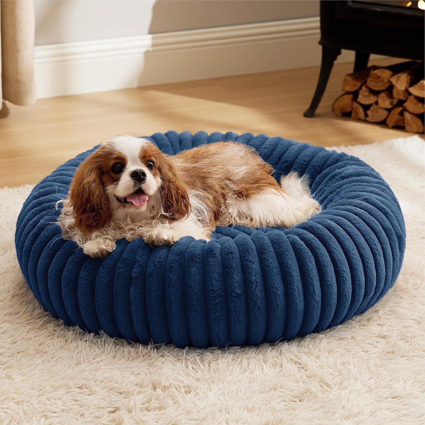 Calming Donut Pet Bed - Faux Rabbit Fur Soft Warm Round Cat Dog Bed - Plush Cozy Cuddler for Small Dogs Cats - Blue XS 50cm