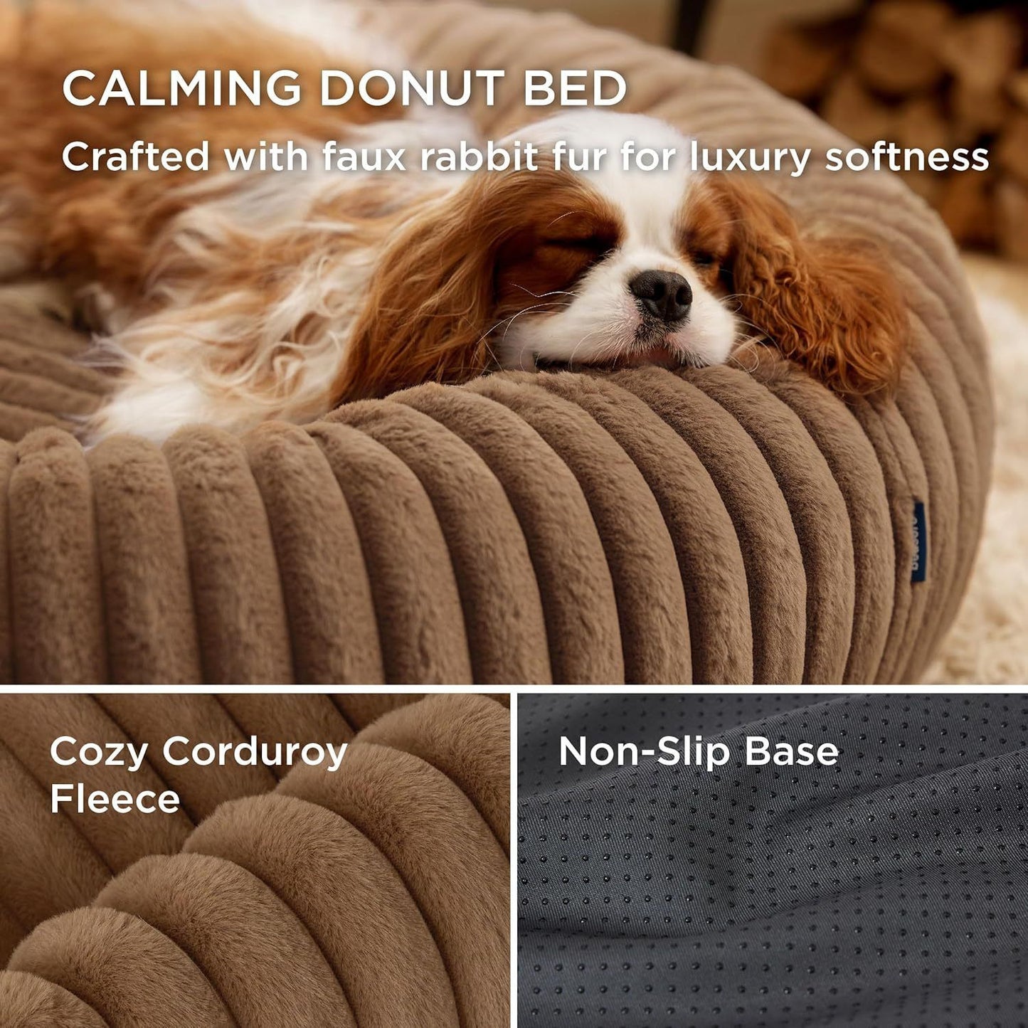 Calming Donut Pet Bed - Faux Rabbit Fur Soft Warm Round Cat Dog Bed - Plush Cozy Cuddler for Small Dogs Cats - Camel M 70cm